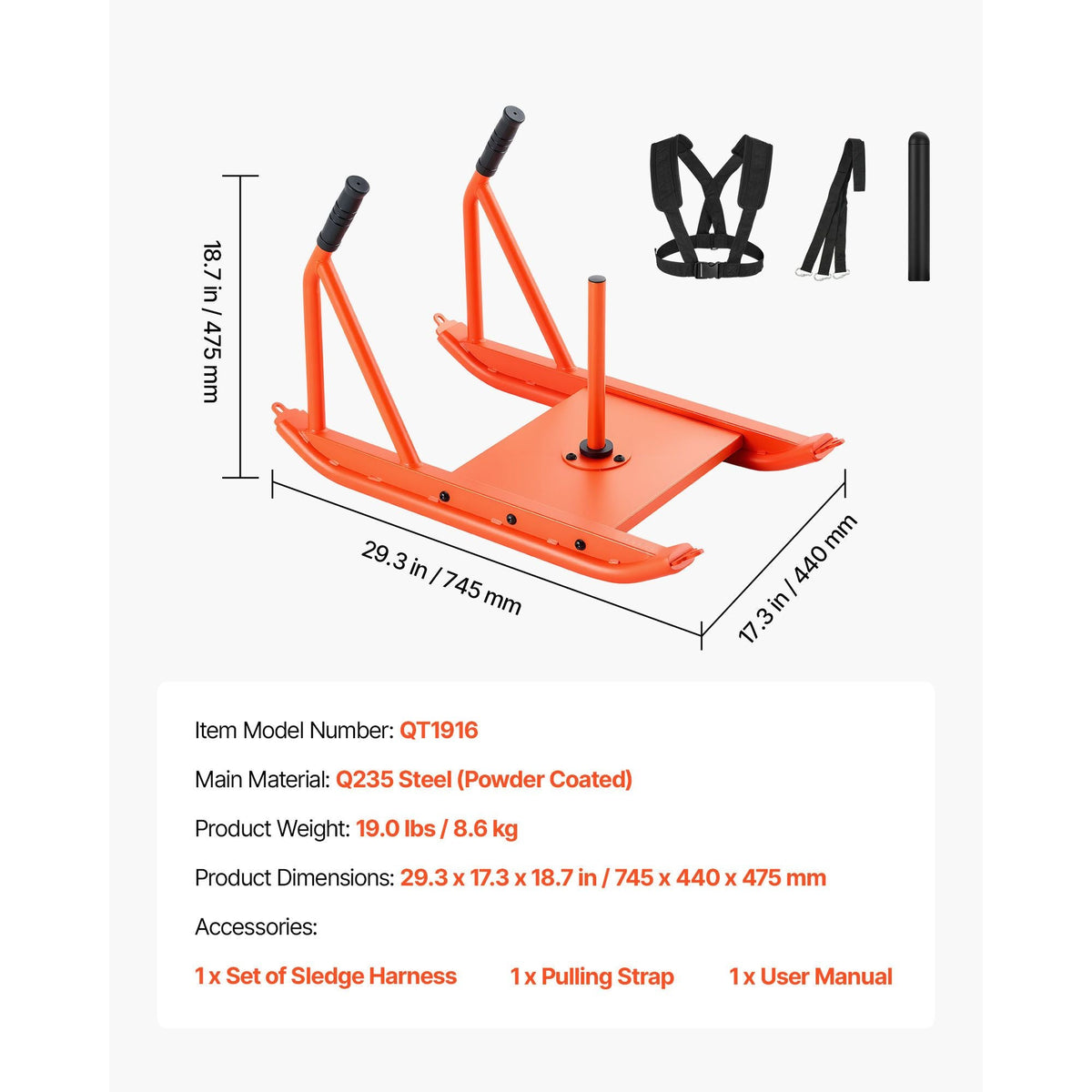 Weight Sled, Steel Power Sled, Fitness Strength Training Sleds for Athletic Exercise Speed Improvement, Workout Fitness Equipment with Handle, Compatible with 1/2 in Weight Plates, Orange