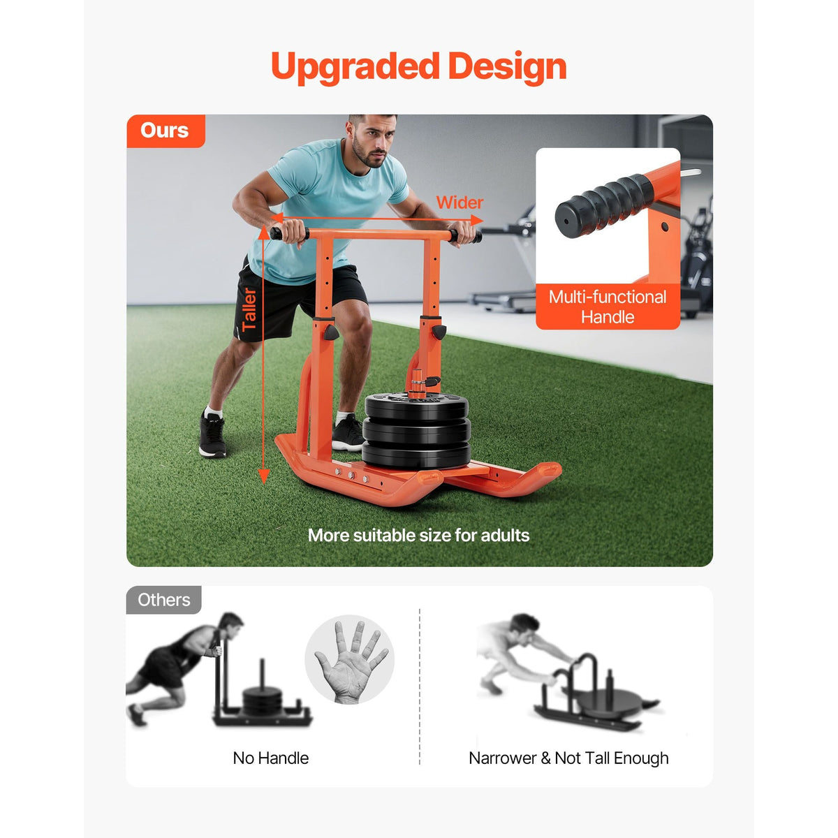 Weight Sled, Steel Power Sled, Fitness Training Sleds for Athletic Exercise Speed Improvement, Workout Equipment with Adjustable Height Handle, Compatible with 1/2 in Weight Plates, Orange