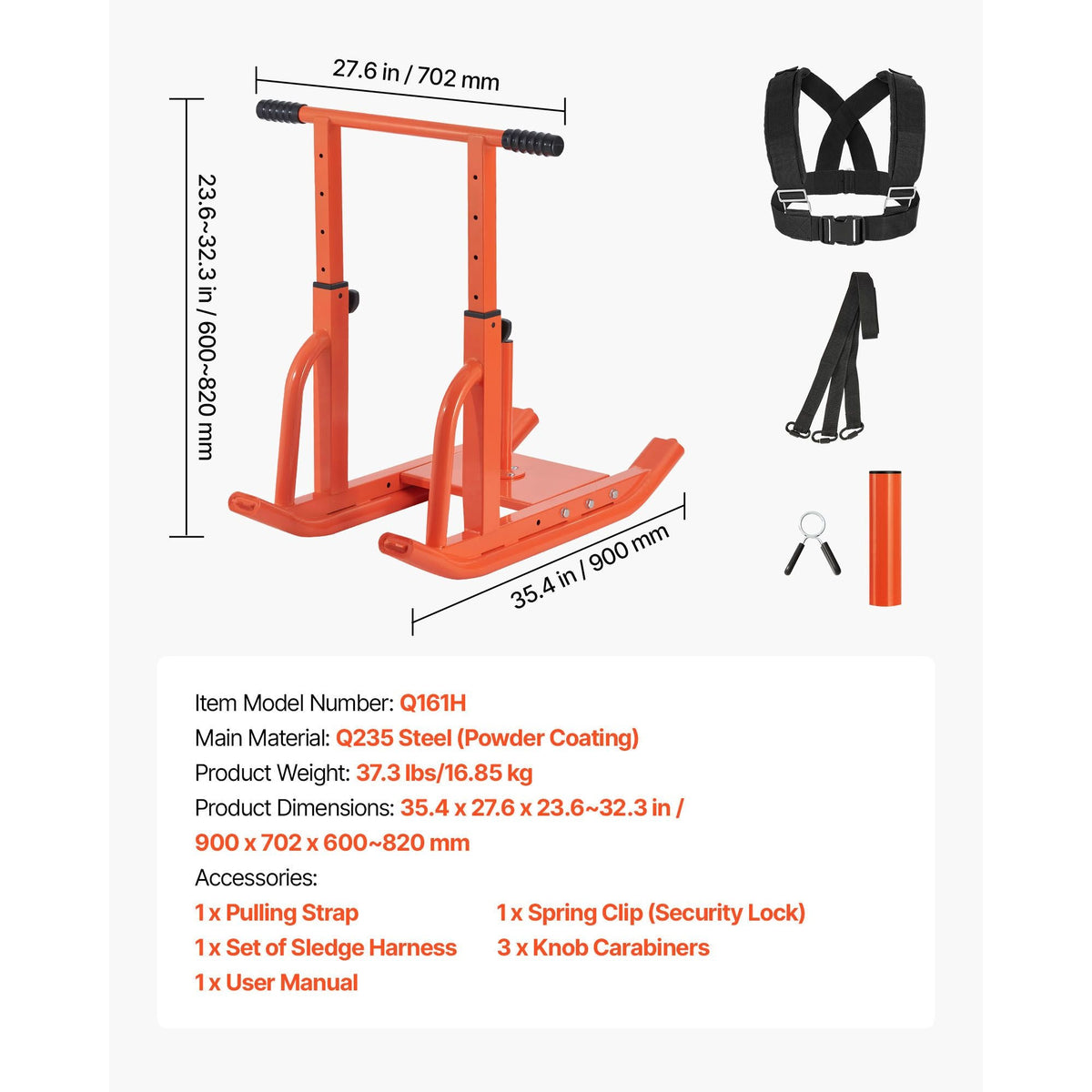 Weight Sled, Steel Power Sled, Fitness Training Sleds for Athletic Exercise Speed Improvement, Workout Equipment with Adjustable Height Handle, Compatible with 1/2 in Weight Plates, Orange