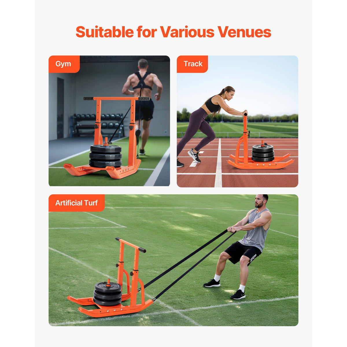 Weight Sled, Steel Power Sled, Fitness Training Sleds for Athletic Exercise Speed Improvement, Workout Equipment with Adjustable Height Handle, Compatible with 1/2 in Weight Plates, Orange