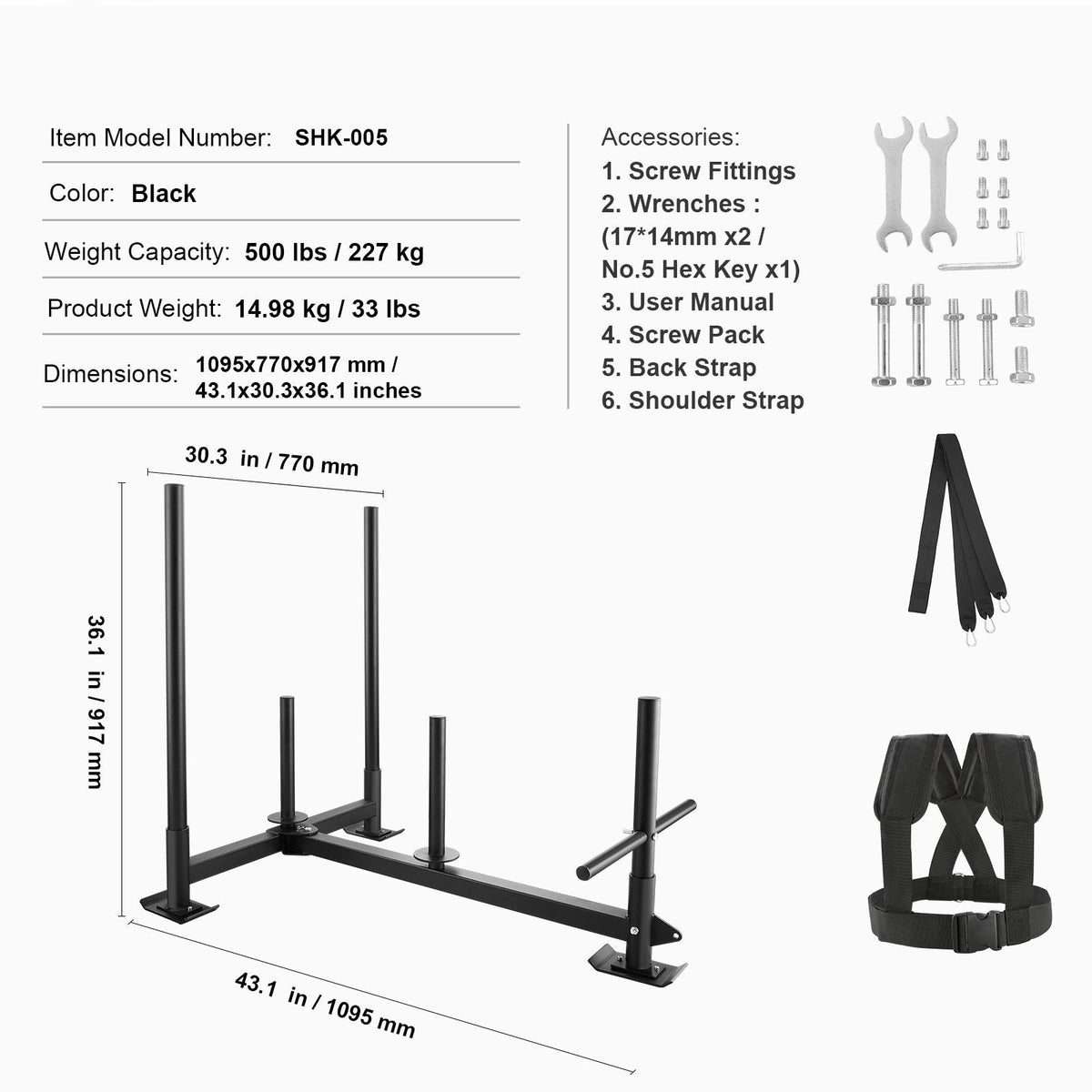 Weight Training Sled, Pull Push Power Sled with Handle, Fitness Strength Resistance Training, Steel Workout Equipment for Athletic Exercise & Speed Improvement, Fit for 2" Weight Plate, Black