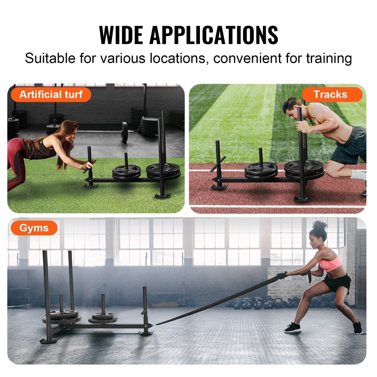 Weight Training Sled, Pull Push Power Sled with Handle, Fitness Strength Resistance Training, Steel Workout Equipment for Athletic Exercise & Speed Improvement, Fit for 2" Weight Plate, Black