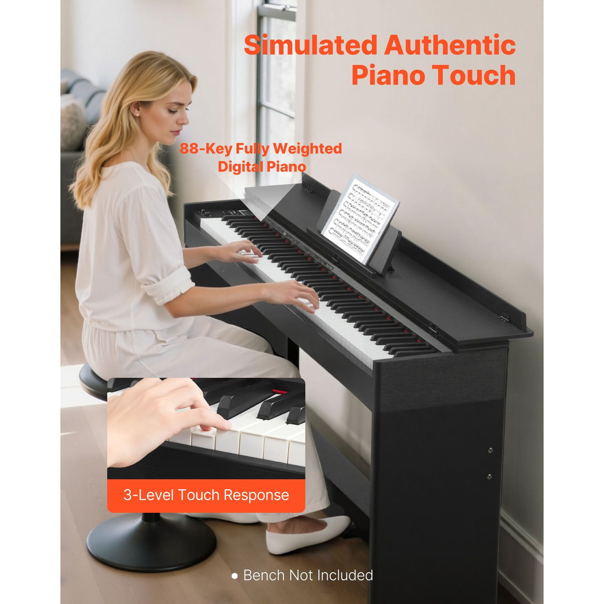 Weighted Digital Piano, 88 Keys Fully Weighted, Electric Piano Keyboard with Furniture Stand, Power Adapter, Triple Pedal, 680 Tones, Support Wireless Connection, with Headphones, for Beginners