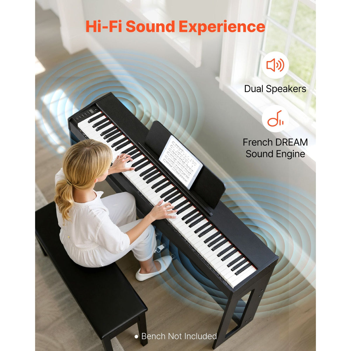 Weighted Digital Piano, 88 Keys Fully Weighted, Electric Piano Keyboard with Furniture Stand, Power Adapter, Triple Pedal, Record Function, 280 Tones, Wireless Connection, for Beginners, Black