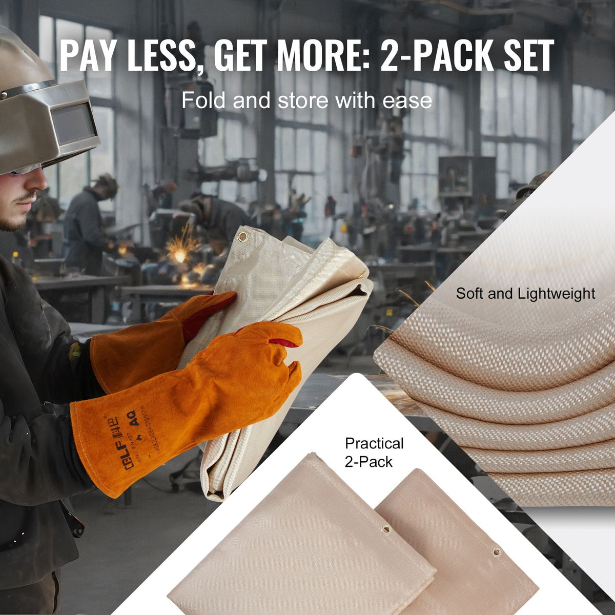 Welding Blanket 2 Pack, 6FT x 8FT Heat Treated Welding Blanket, Up To 998 F Heat Resistant Blanket Set, Heavy-Duty Fiberglass Flame Retardant Insulation Welding Mat Cover with Metal Grommets