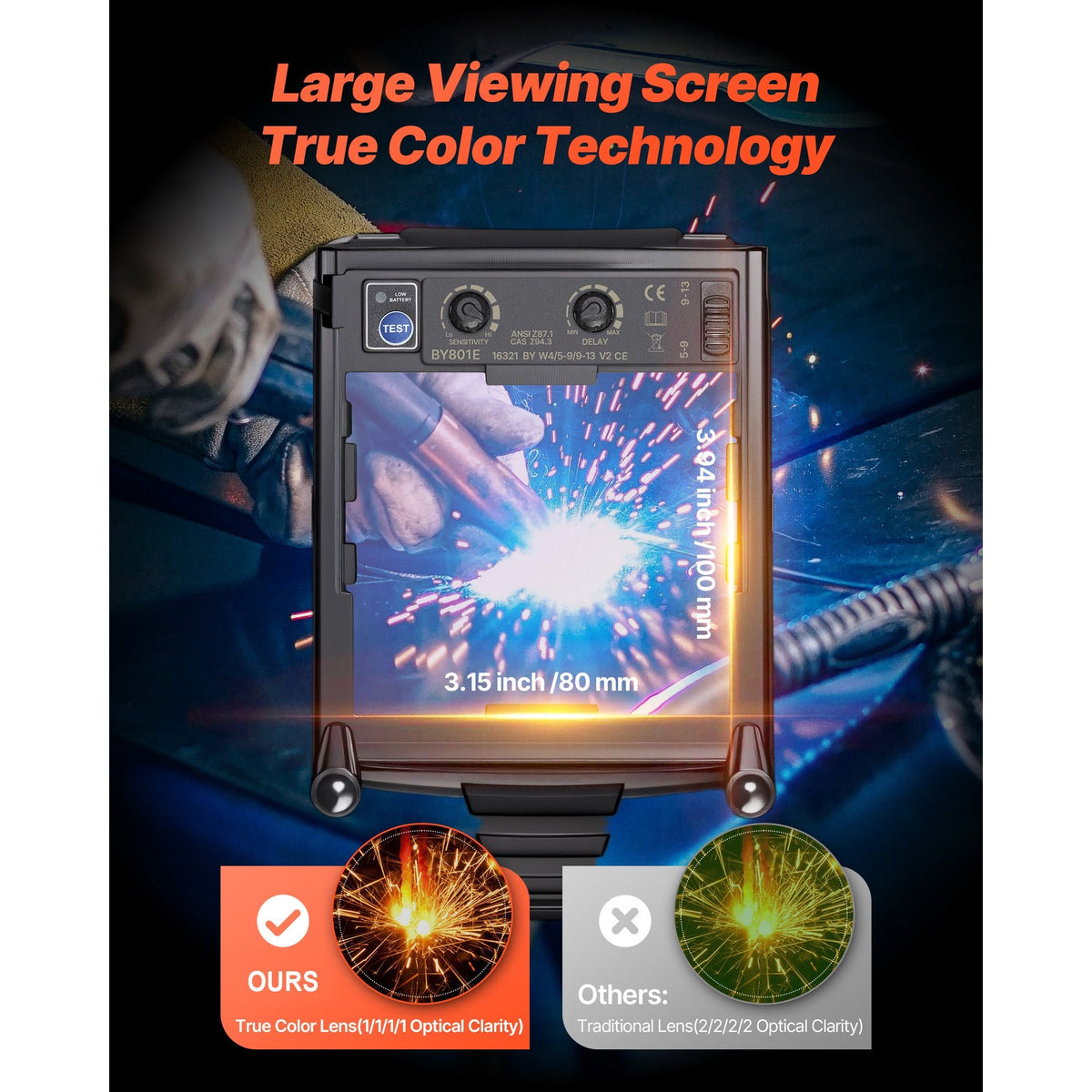 Welding Helmet Auto Darkening, 3.94" x 3.15" True Color Welding Hood, Solar-Powered Welder Mask 4 Arc Sensors, Wide Shade 4/5-9/9-13 for TIG MIG Weld Cutting Grinding Application - METIS Series