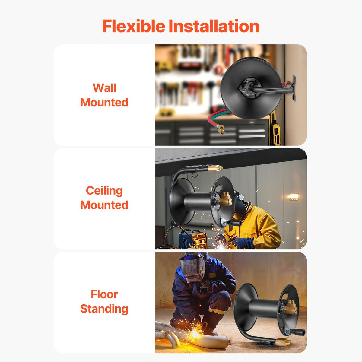 Welding Hose Reel, Hand Crank Rewind Hose Reel with 3FT Lead-in Hose and 9/16"-18 B Fittings, Ceiling/Wall Mount Heavy Duty Steel Reel for Workshops Garages (Welding Hose Not Included)