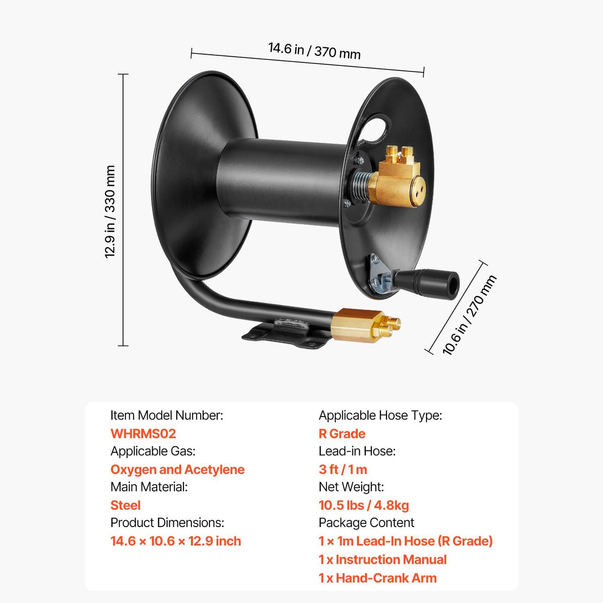 Welding Hose Reel, Hand Crank Rewind Hose Reel with 3FT Lead-in Hose and 9/16"-18 B Fittings, Ceiling/Wall Mount Heavy Duty Steel Reel for Workshops Garages (Welding Hose Not Included)