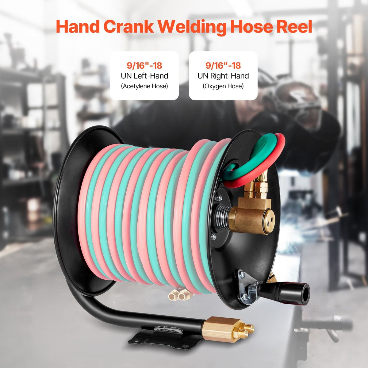 Welding Hose Reel, Hand Crank Rewind Hose Reel with 3FT Lead-in Hose and 9/16"-18 B Fittings, Ceiling/Wall Mount Heavy Duty Steel Reel for Workshops Garages (Welding Hose Not Included)