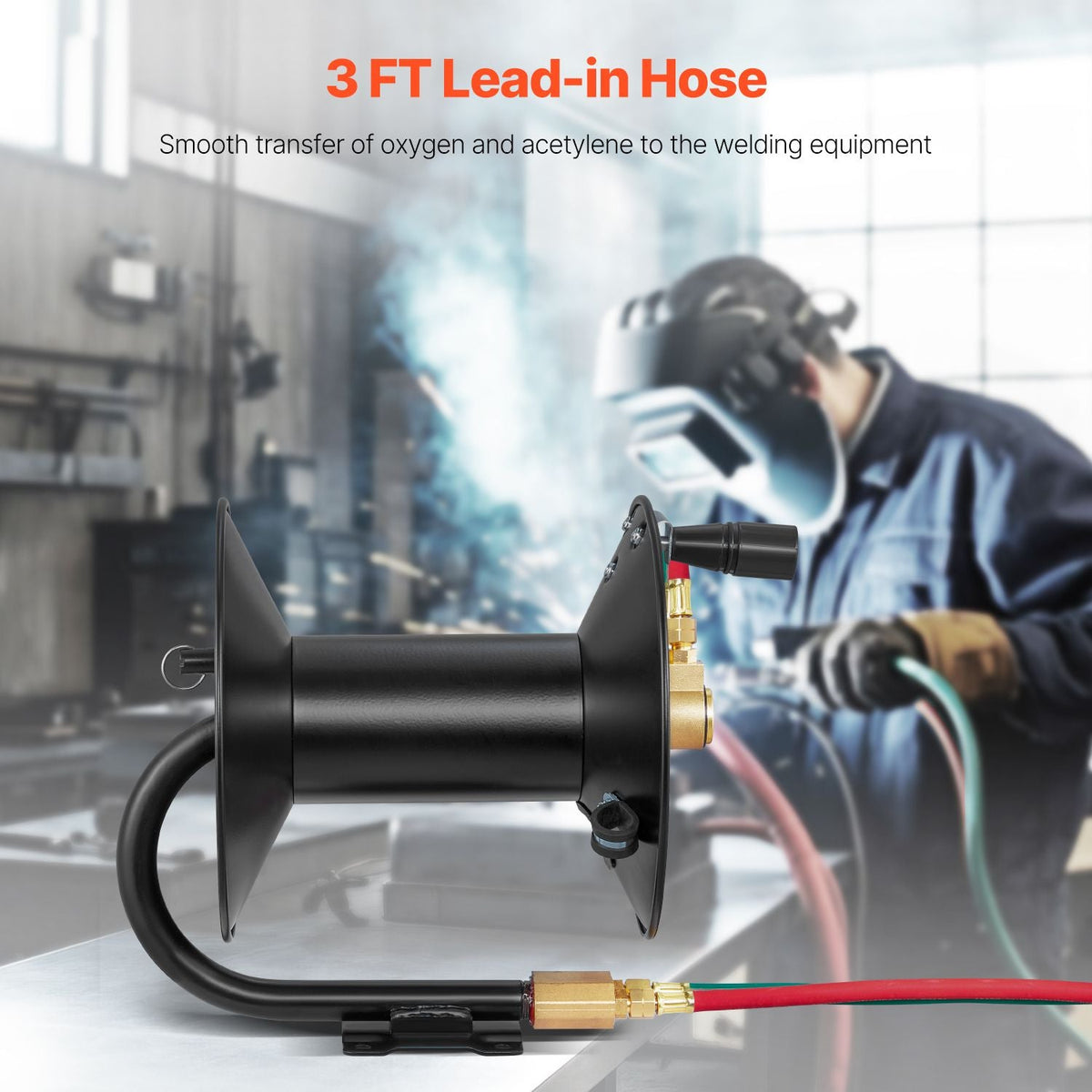 Welding Hose Reel, Hand Crank Rewind Hose Reel with 3FT Lead-in Hose and 9/16"-18 B Fittings, Ceiling/Wall Mount Heavy Duty Steel Reel for Workshops Garages (Welding Hose Not Included)