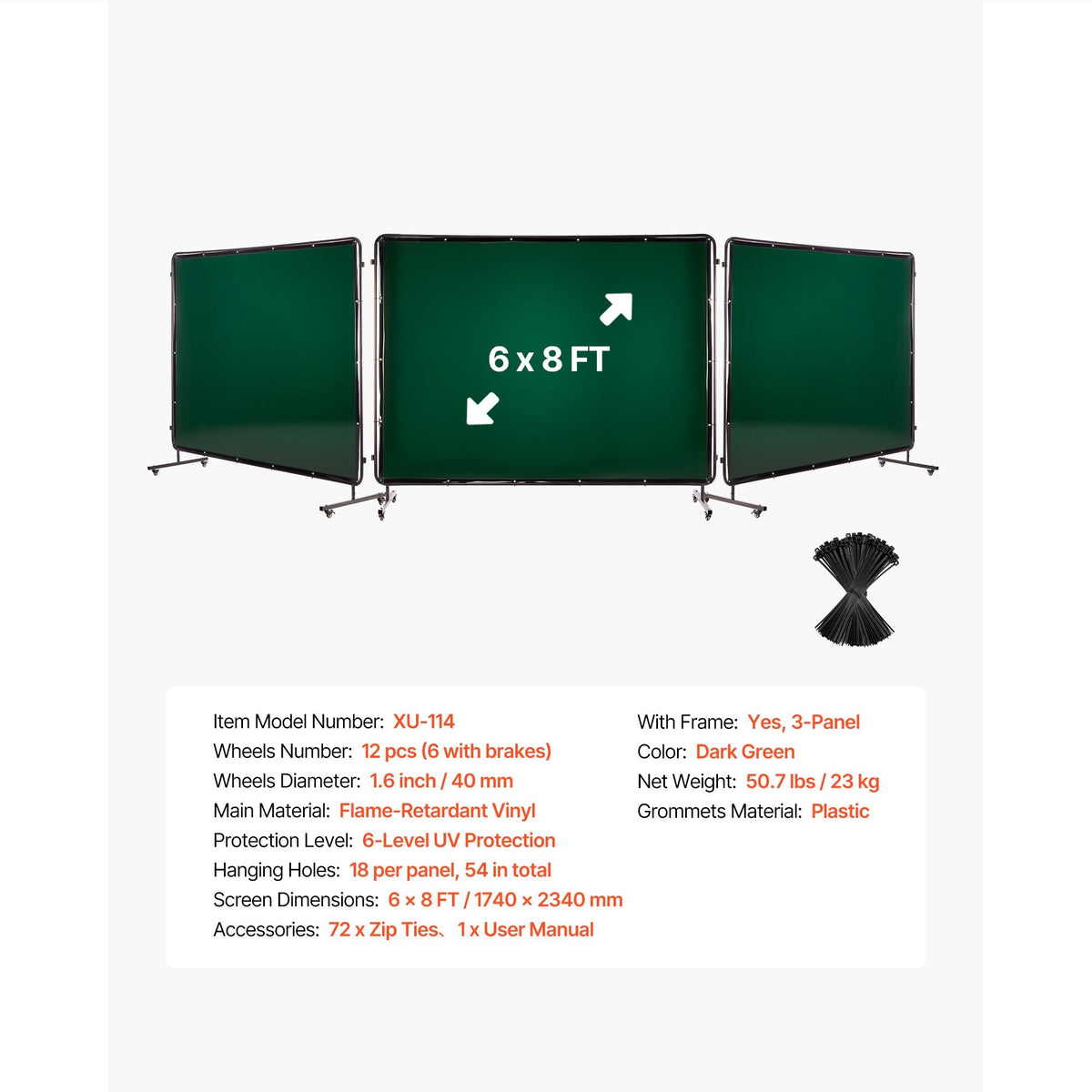 Welding Screen with Frame, 3-Panel 6 x 8 FT Welding Curtain Screen, Flame-Resistant Vinyl Safety Protection Screens with 12 Wheels & 6-Level UV Protection for Workshop/Industrial Use, Dark Green