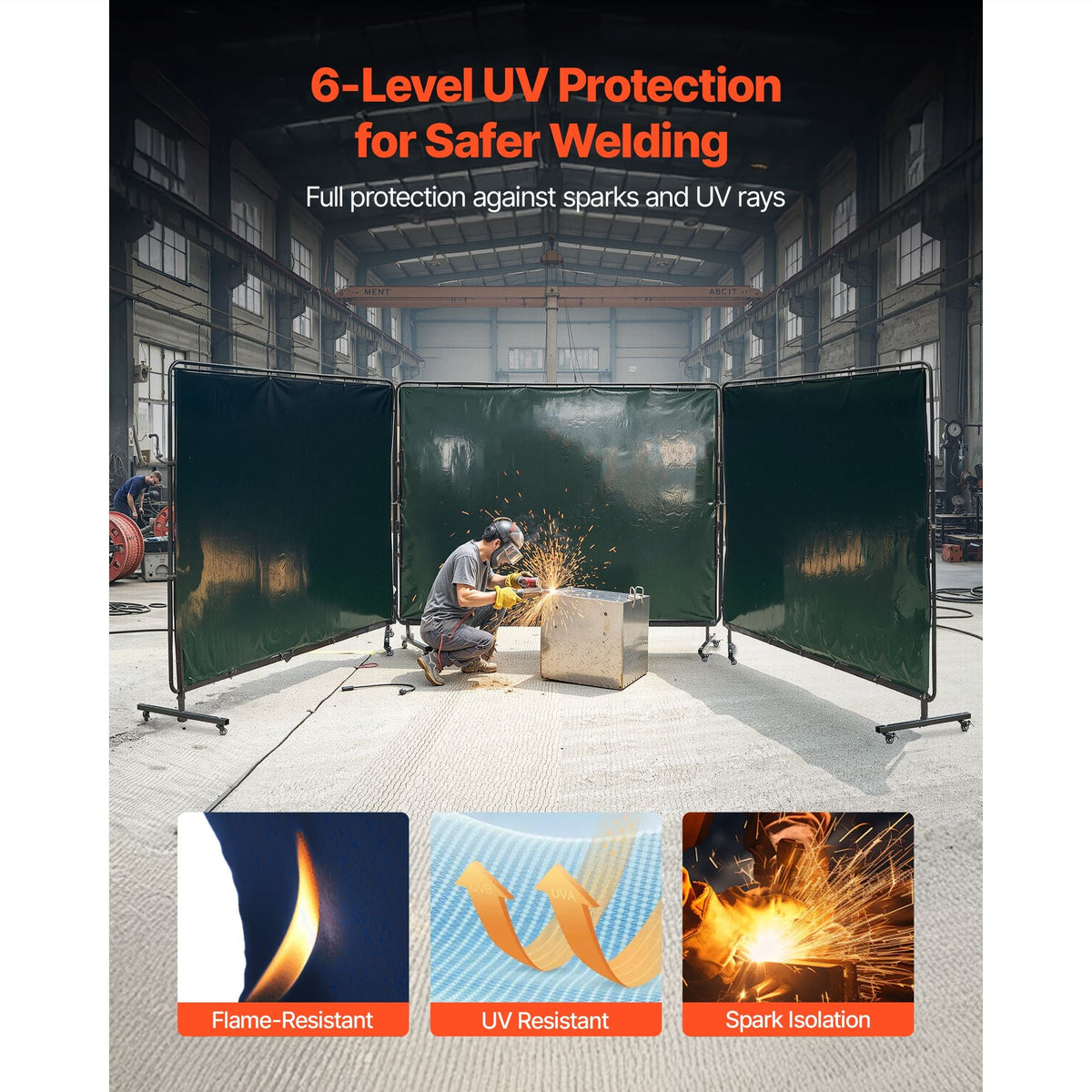 Welding Screen with Frame, 3-Panel 6 x 8 FT Welding Curtain Screen, Flame-Resistant Vinyl Safety Protection Screens with 12 Wheels & 6-Level UV Protection for Workshop/Industrial Use, Dark Green