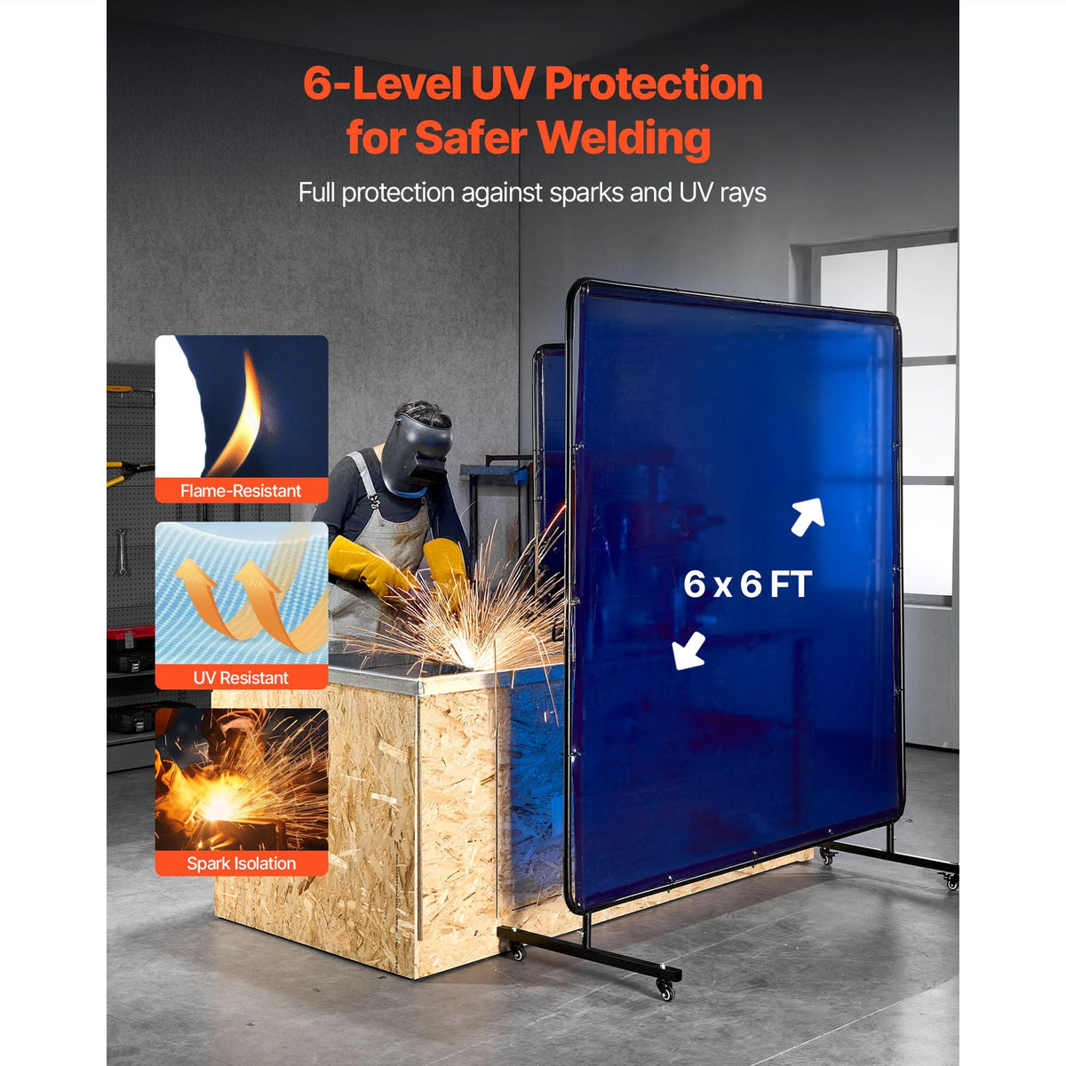 Welding Screen with Frame, 6 x 6 FT Welding Curtain Screen, Flame-Resistant Vinyl Safety Protection Screens with Lockable Swivel Wheels & 6-Level UV Protection for Workshop/Industrial Use, Blue