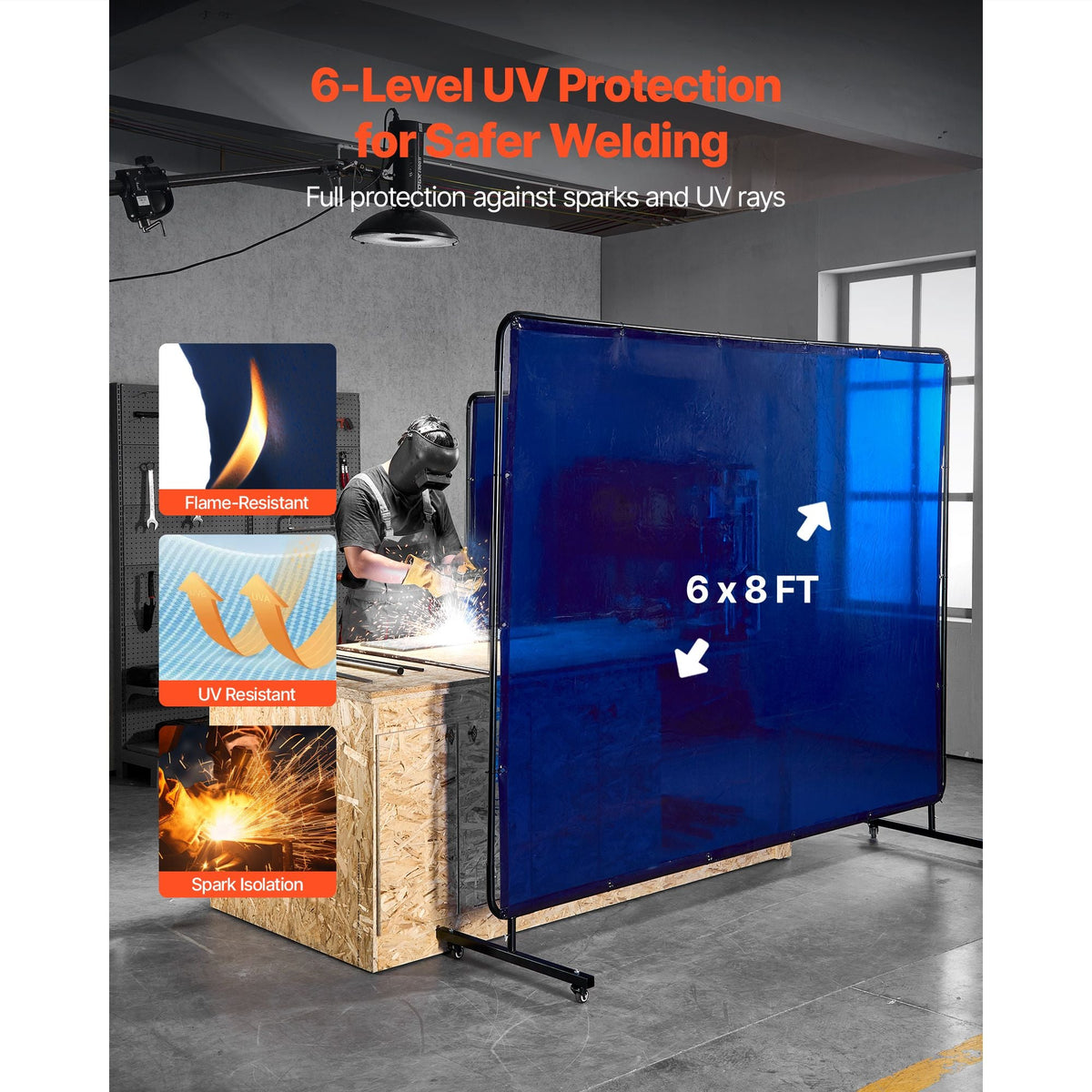 Welding Screen with Frame, 6 x 8 FT Welding Curtain Screen, Flame-Resistant Vinyl Safety Protection Screens with Lockable Swivel Wheels & 6-Level UV Protection for Workshop/Industrial Use, Blue
