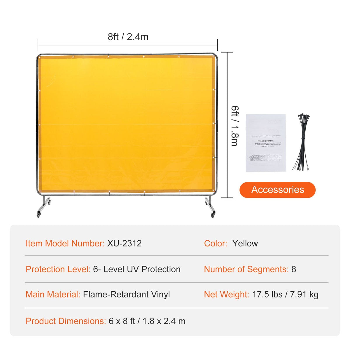 Welding Screen with Frame, 6' x 8' Welding Curtain Screen, Flame-Resistant Vinyl Welding Protection Screen on 4 Swivel Wheel (2 Lockable), Moveable & Professional for Workshop/Industrial, Yellow