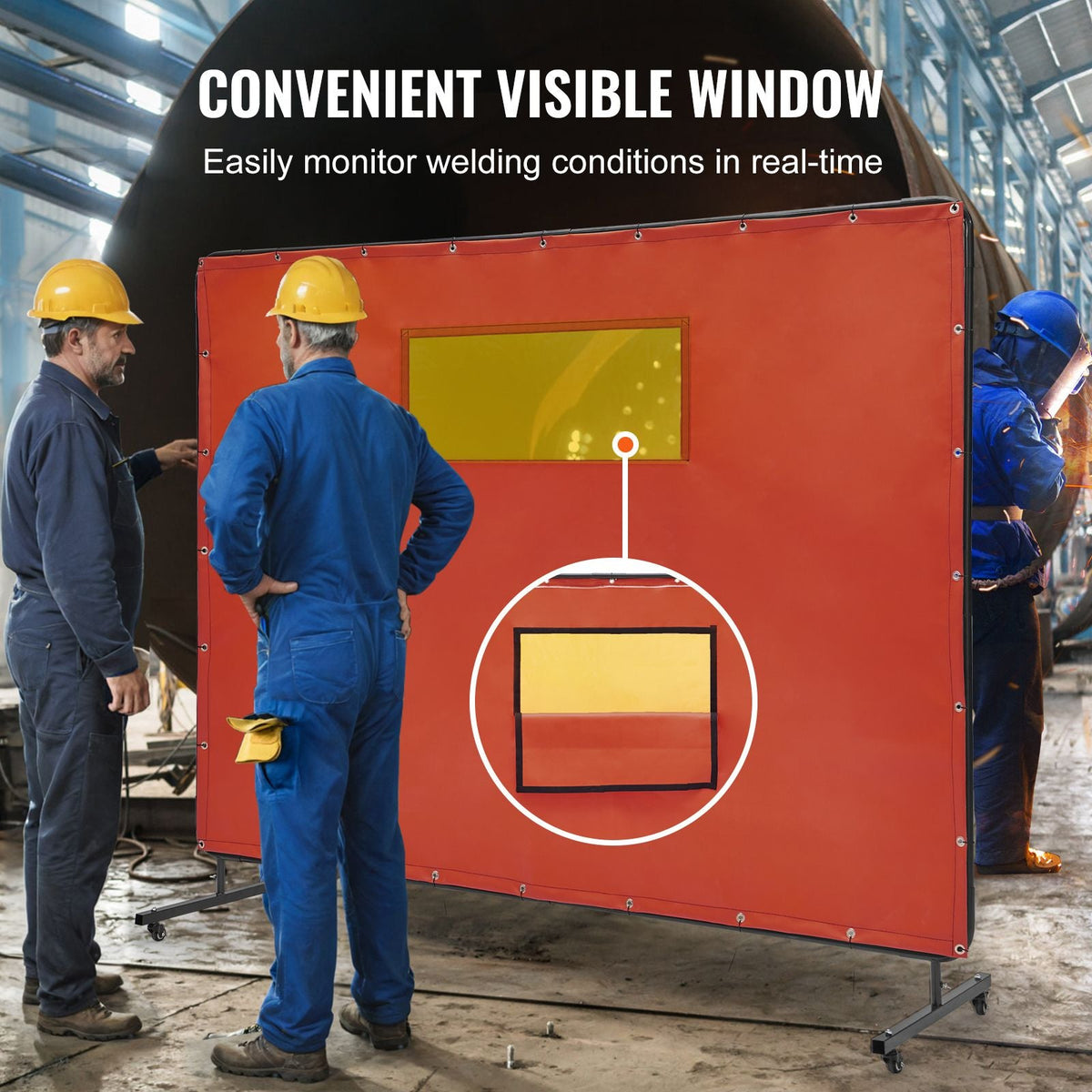 Welding Screen with Frame, 6' x 8' Welding Curtain Screens, Flame-Resistant Vinyl Welding Protection Screen with 4 Swivel Wheels (2 Lockable) & Transparent Window for Workshop/Industrial, Red