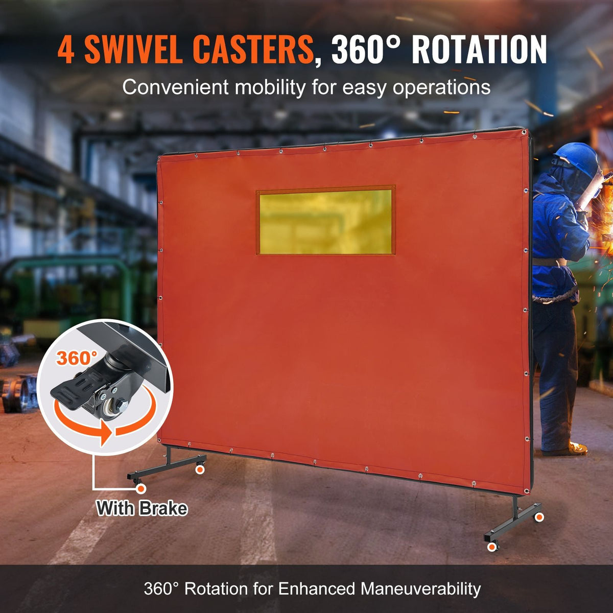 Welding Screen with Frame, 6' x 8' Welding Curtain Screens, Flame-Resistant Vinyl Welding Protection Screen with 4 Swivel Wheels (2 Lockable) & Transparent Window for Workshop/Industrial, Red
