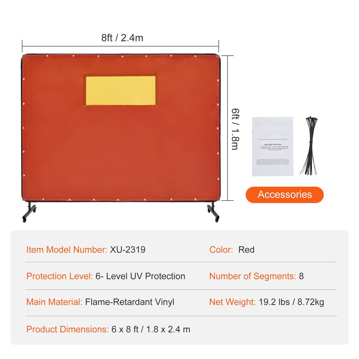 Welding Screen with Frame, 6' x 8' Welding Curtain Screens, Flame-Resistant Vinyl Welding Protection Screen with 4 Swivel Wheels (2 Lockable) & Transparent Window for Workshop/Industrial, Red