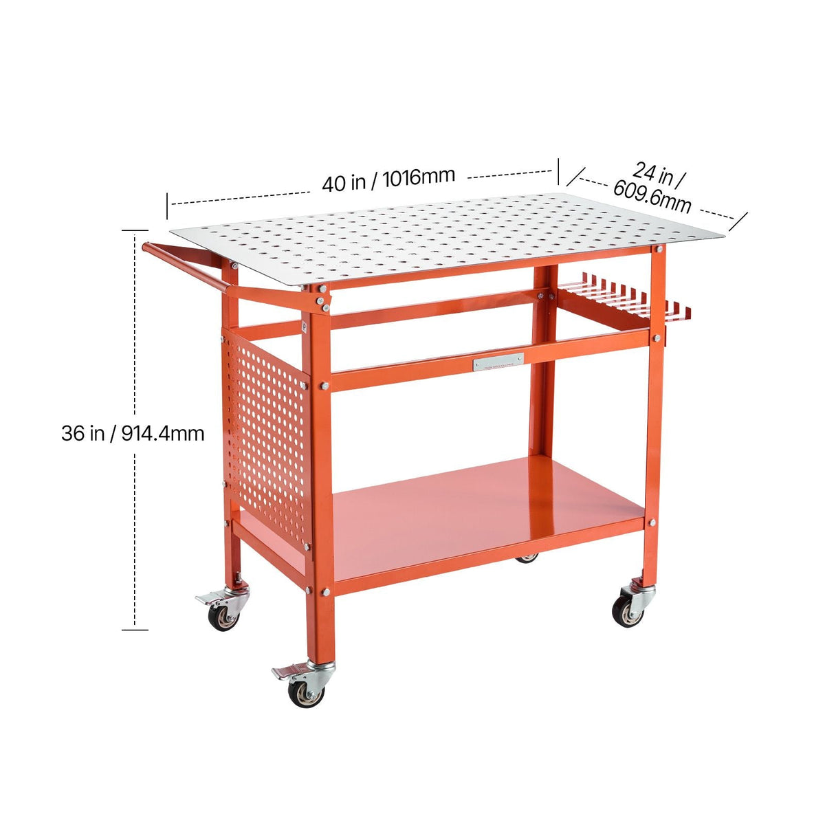 Welding Table, 40" x 24" Welding Workbench Table with 800LBS Static Weight Capacity, Movable Steel Work Bench with 4 Wheels (2 with Brake), Double-Layer Storage Board and 5/8-inch Fixture Holes