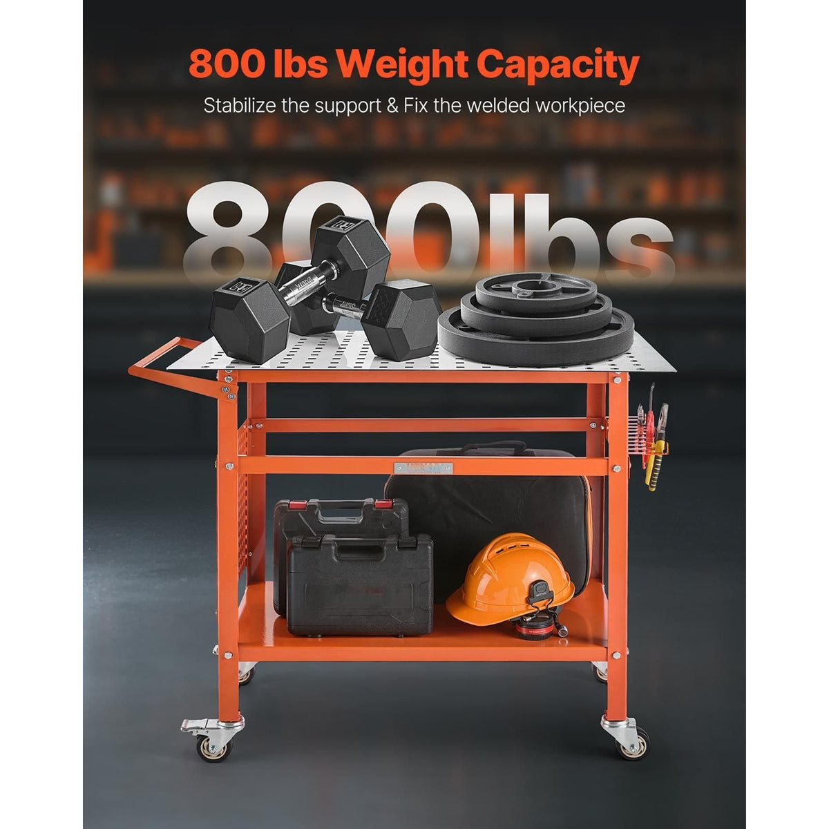 Welding Table, 40" x 24" Welding Workbench Table with 800LBS Static Weight Capacity, Movable Steel Work Bench with 4 Wheels (2 with Brake), Double-Layer Storage Board and 5/8-inch Fixture Holes