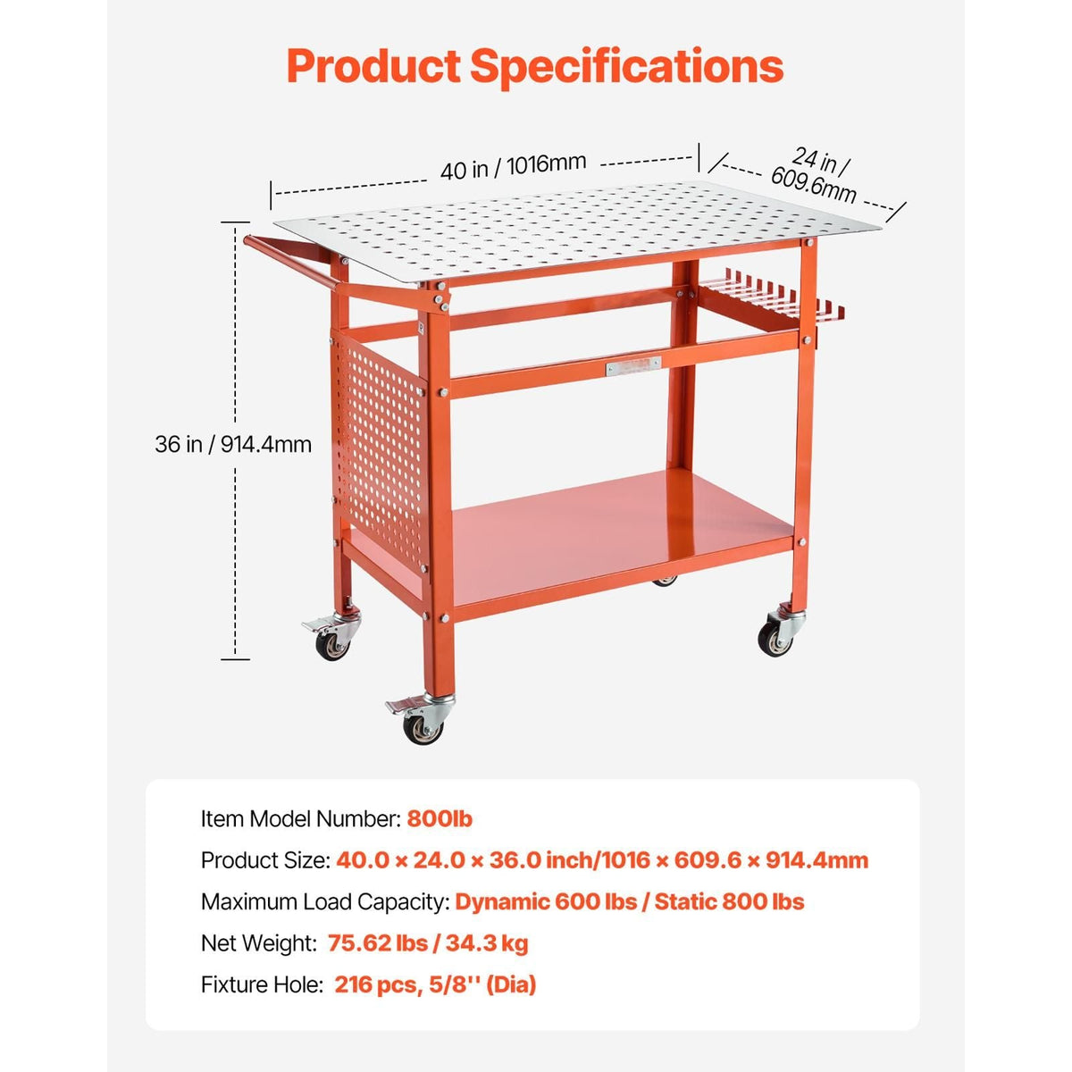 Welding Table, 40" x 24" Welding Workbench Table with 800LBS Static Weight Capacity, Movable Steel Work Bench with 4 Wheels (2 with Brake), Double-Layer Storage Board and 5/8-inch Fixture Holes