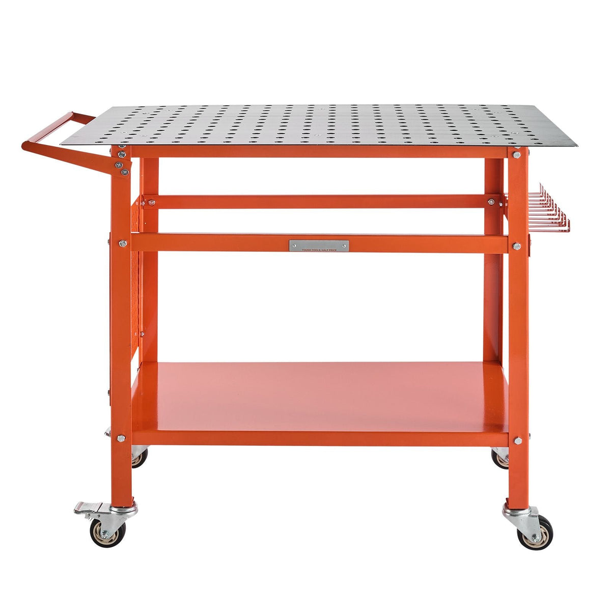 Welding Table, 40" x 24" Welding Workbench Table with 800LBS Static Weight Capacity, Movable Steel Work Bench with 4 Wheels (2 with Brake), Double-Layer Storage Board and 5/8-inch Fixture Holes