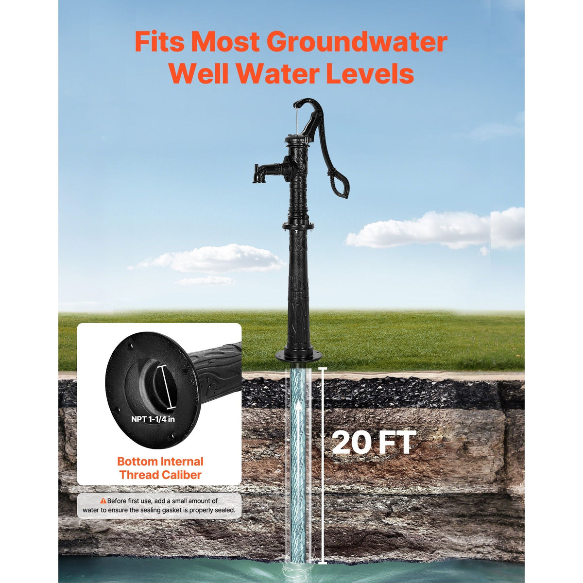 Well Hand Pitcher Pump, 20 ft Max Lift, Antique Cast Iron Manual Hand Water Pump with Heightening Base, NPT 1-1/4 in Connection, Easy Installation, for Outdoor Garden, Pond, Yard, Farm, Black