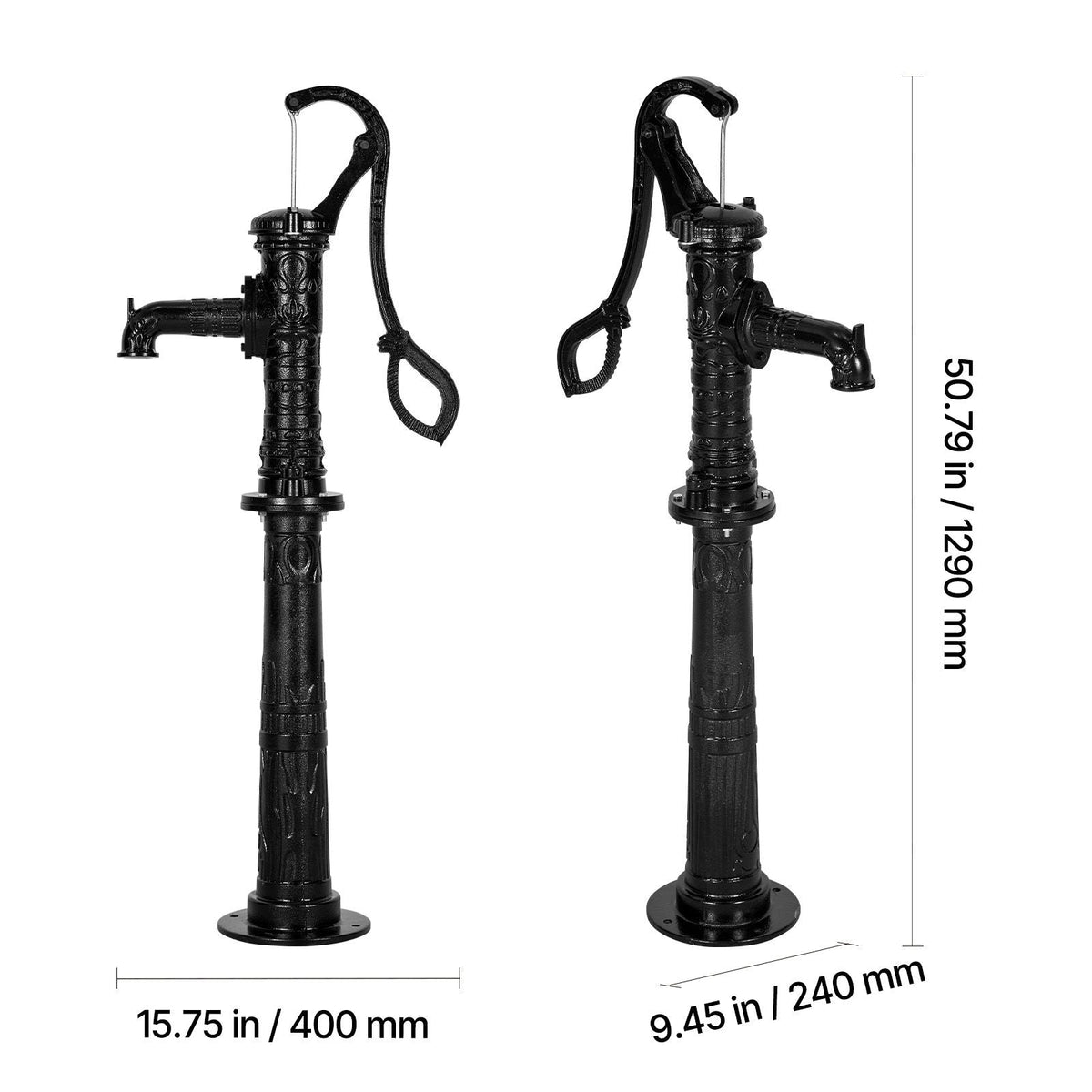 Well Hand Pitcher Pump, 20 ft Max Lift, Antique Cast Iron Manual Hand Water Pump with Heightening Base, NPT 1-1/4 in Connection, Easy Installation, for Outdoor Garden, Pond, Yard, Farm, Black