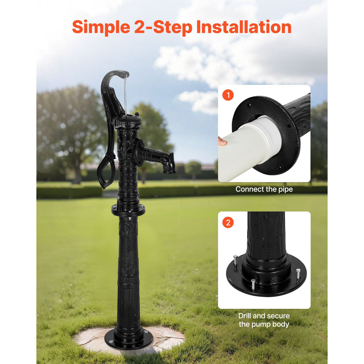 Well Hand Pitcher Pump, 20 ft Max Lift, Antique Cast Iron Manual Hand Water Pump with Heightening Base, NPT 1-1/4 in Connection, Easy Installation, for Outdoor Garden, Pond, Yard, Farm, Black