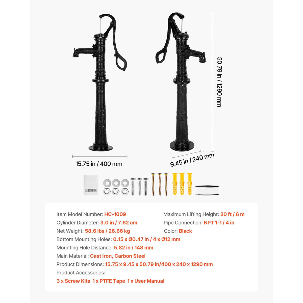 Well Hand Pitcher Pump, 20 ft Max Lift, Antique Cast Iron Manual Hand Water Pump with Heightening Base, NPT 1-1/4 in Connection, Easy Installation, for Outdoor Garden, Pond, Yard, Farm, Black