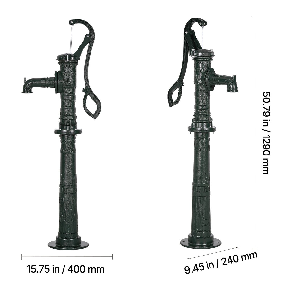 Well Hand Pitcher Pump, 20 ft Max Lift, Antique Cast Iron Manual Hand Water Pump with Heightening Base, NPT 1-1/4 in Connection, Easy Installation, for Outdoor Garden, Pond, Yard, Farm, Green