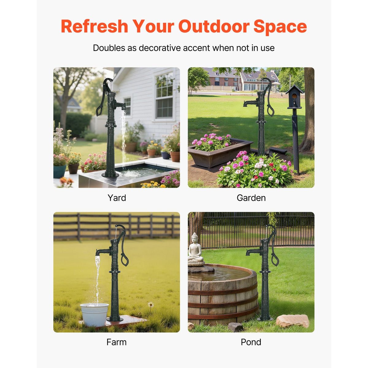 Well Hand Pitcher Pump, 20 ft Max Lift, Antique Cast Iron Manual Hand Water Pump with Heightening Base, NPT 1-1/4 in Connection, Easy Installation, for Outdoor Garden, Pond, Yard, Farm, Green