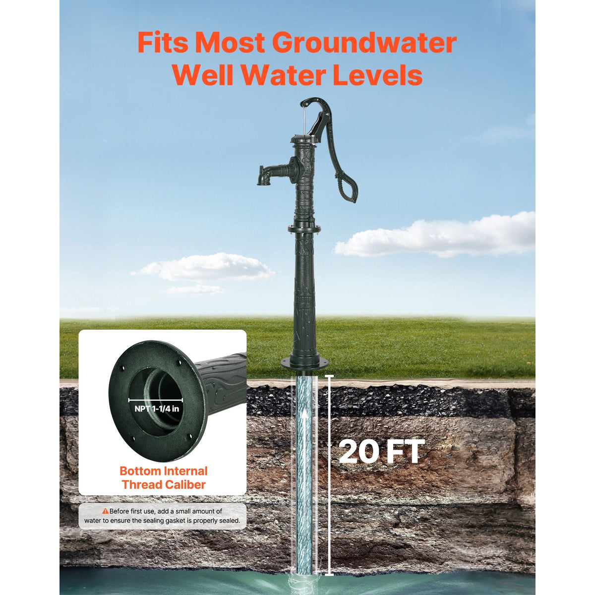 Well Hand Pitcher Pump, 20 ft Max Lift, Antique Cast Iron Manual Hand Water Pump with Heightening Base, NPT 1-1/4 in Connection, Easy Installation, for Outdoor Garden, Pond, Yard, Farm, Green