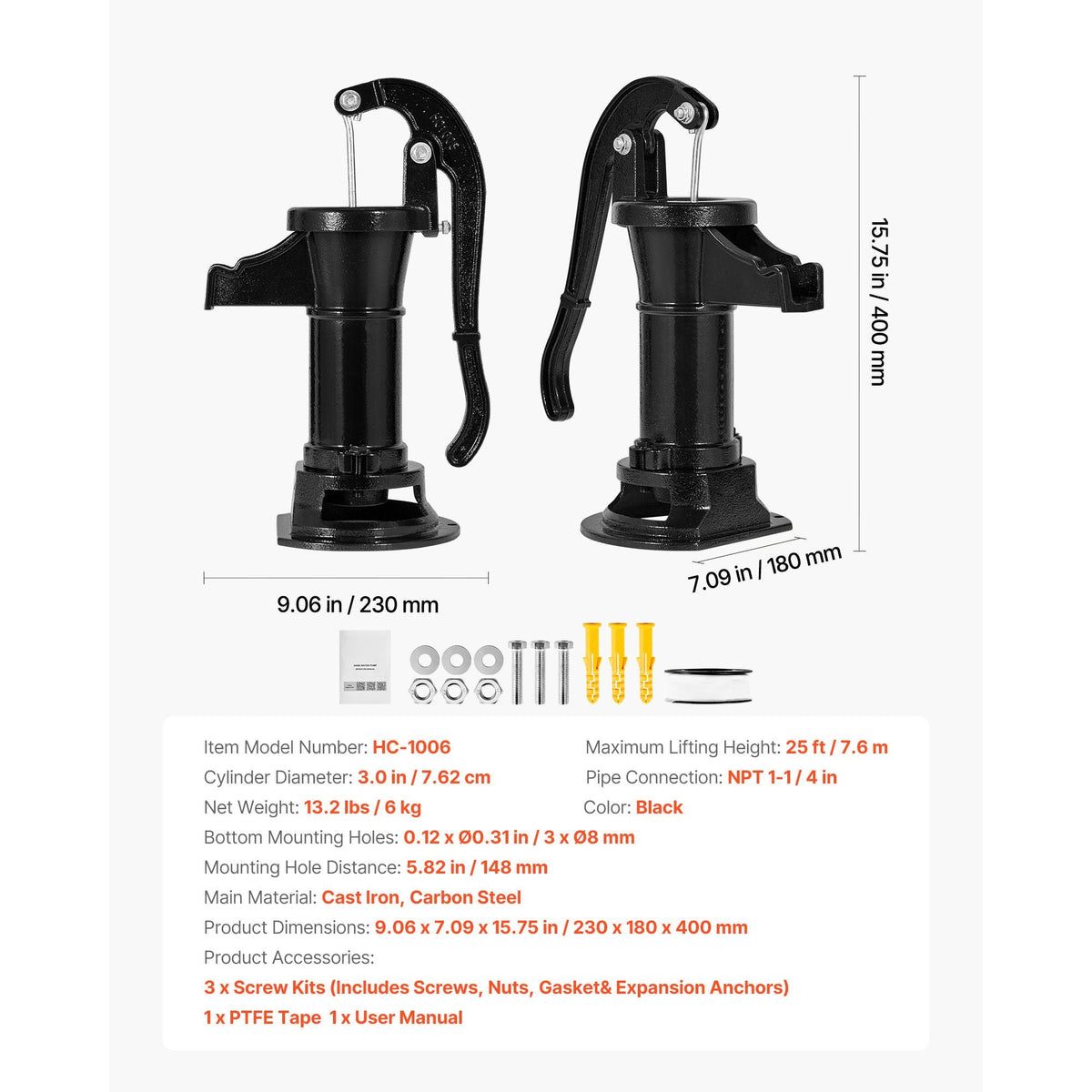 Well Hand Pitcher Pump, 25 ft Maximum Lift, Antique Cast Iron Manual Hand Water Pump, NPT 1-1/4 in Connection, Easy Installation, Old Fashioned for Outdoor Garden, Pond, Backyard, Farm, Black