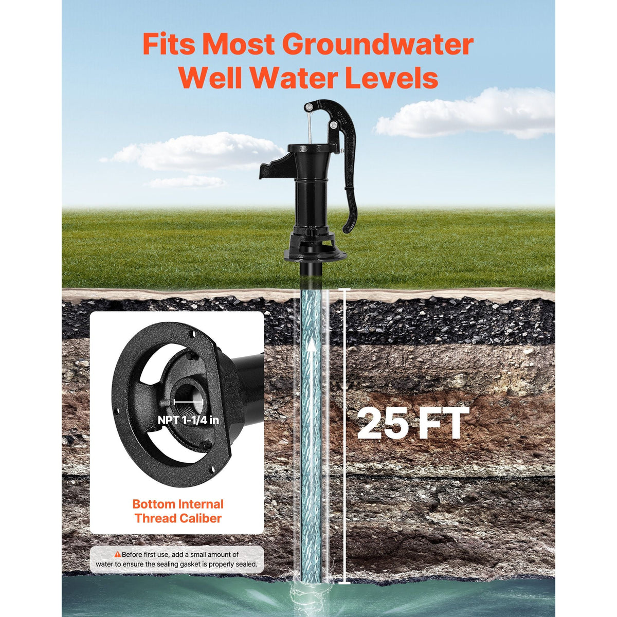 Well Hand Pitcher Pump, 25 ft Maximum Lift, Antique Cast Iron Manual Hand Water Pump, NPT 1-1/4 in Connection, Easy Installation, Old Fashioned for Outdoor Garden, Pond, Backyard, Farm, Black