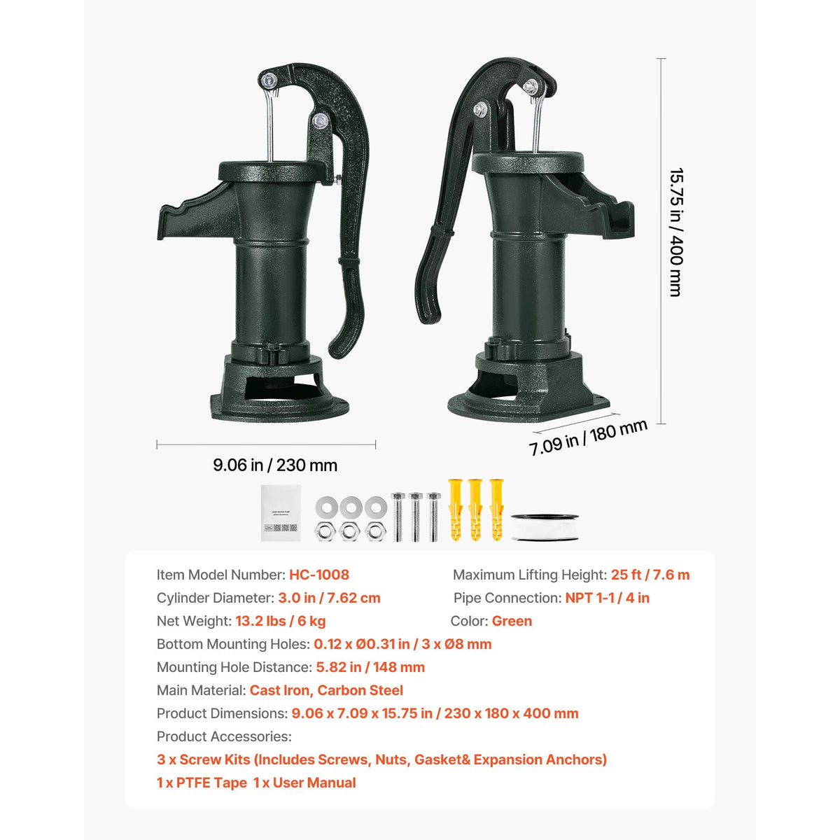 Well Hand Pitcher Pump, 25 ft Maximum Lift, Antique Cast Iron Manual Hand Water Pump, NPT 1-1/4 in Connection, Easy Installation, Old Fashioned for Outdoor Garden, Pond, Backyard, Farm, Green