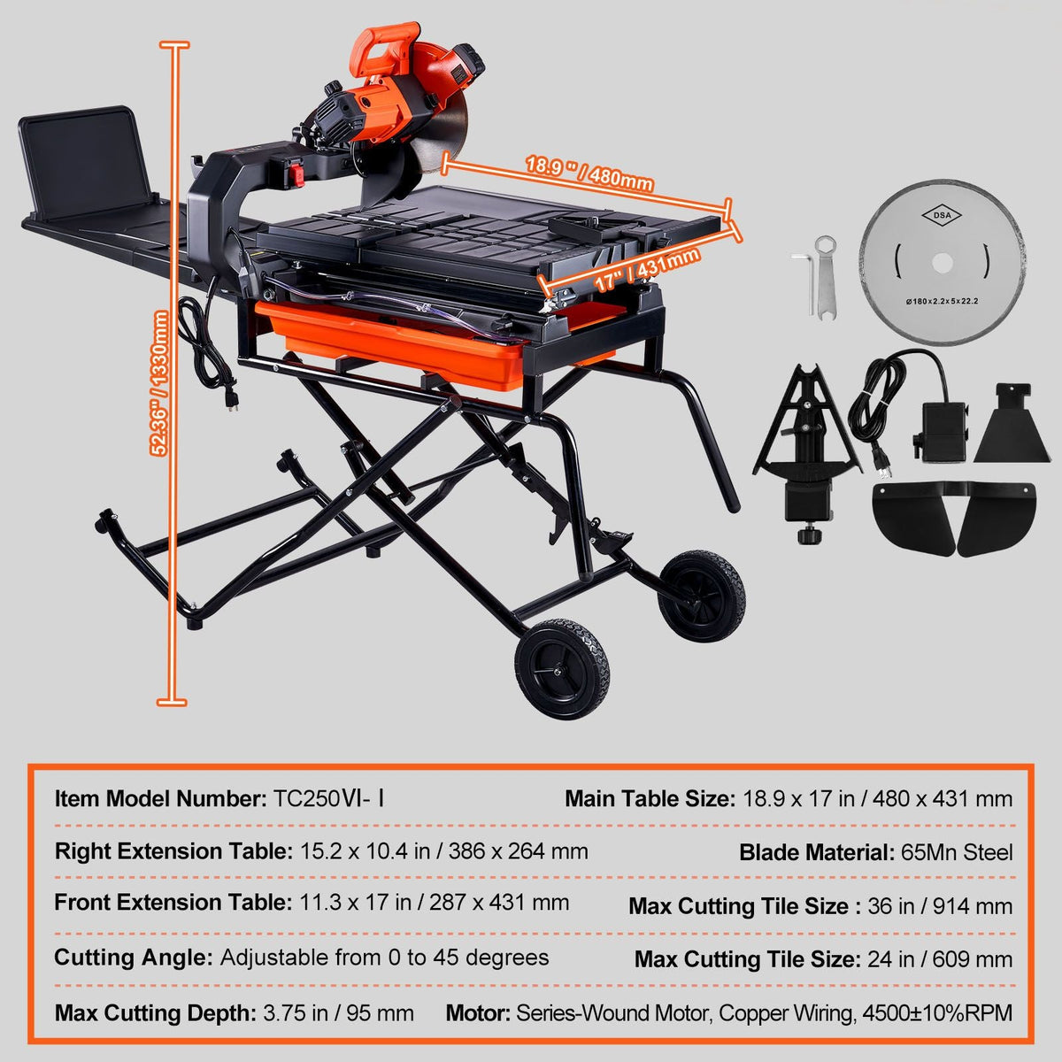 Wet Tile Saw with Stand, 10-inch 65Mn Steel Blade, 4500 RPM Motor, Tile Cutter Wet Saw with Water Reservoir and Casters, 0-45 Degrees Miter Angle for Cutting Tiles, Floor Tiles, and Stones