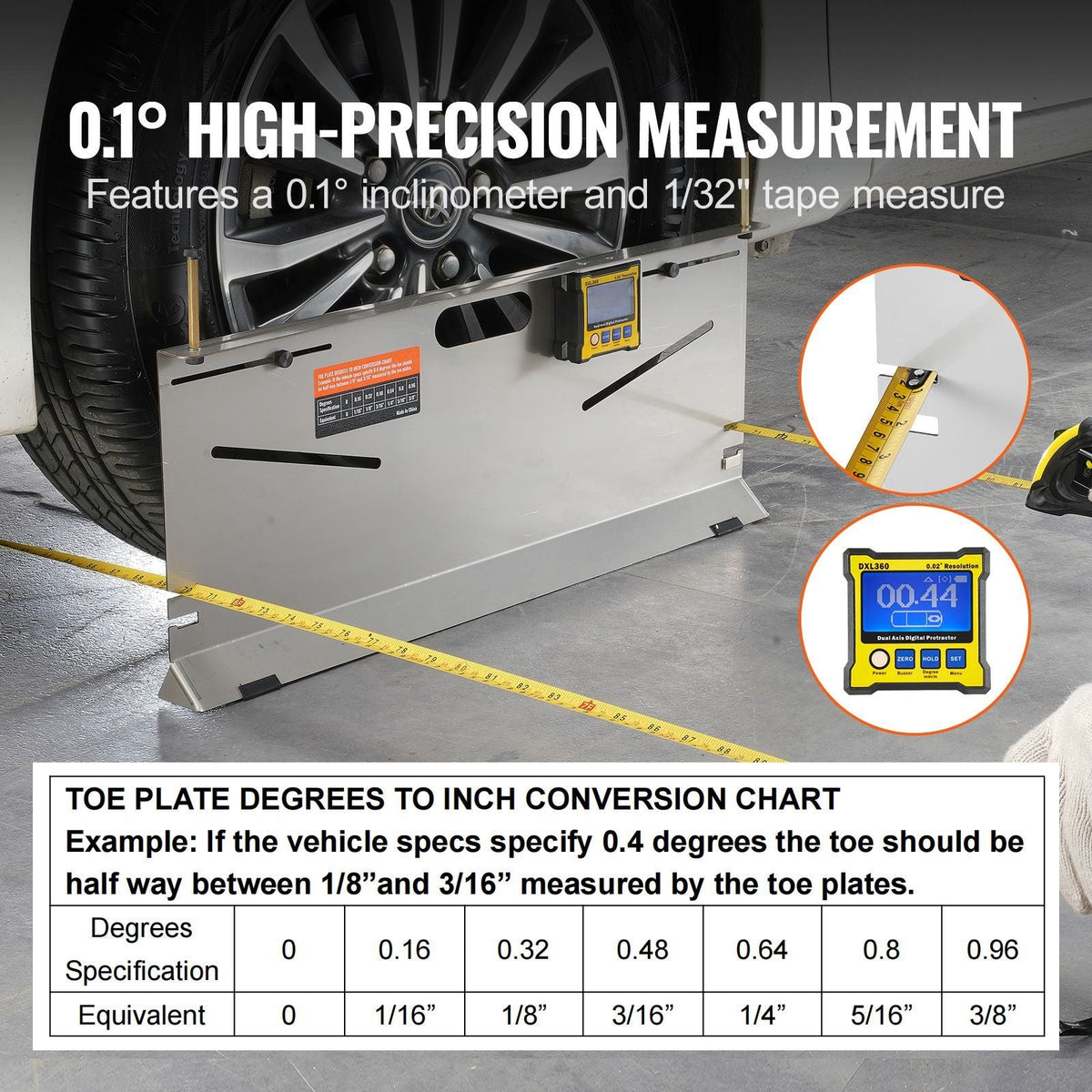 Wheel Alignment Tool, 2-Pack Toe Plates, Camber/Caster/Toe Gauge 0.1° Accuracy, Stainless Steel Tool Plate, Magnetic Slots and 6 Alignment Rods, Includes 2 Measuring Tapes & Conversion Chart