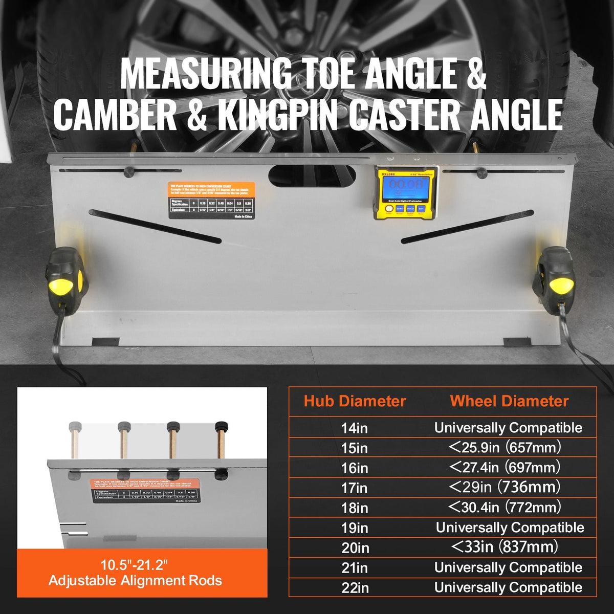 Wheel Alignment Tool, 2-Pack Toe Plates, Camber/Caster/Toe Gauge 0.1° Accuracy, Stainless Steel Tool Plate, Magnetic Slots and 6 Alignment Rods, Includes 2 Measuring Tapes & Conversion Chart