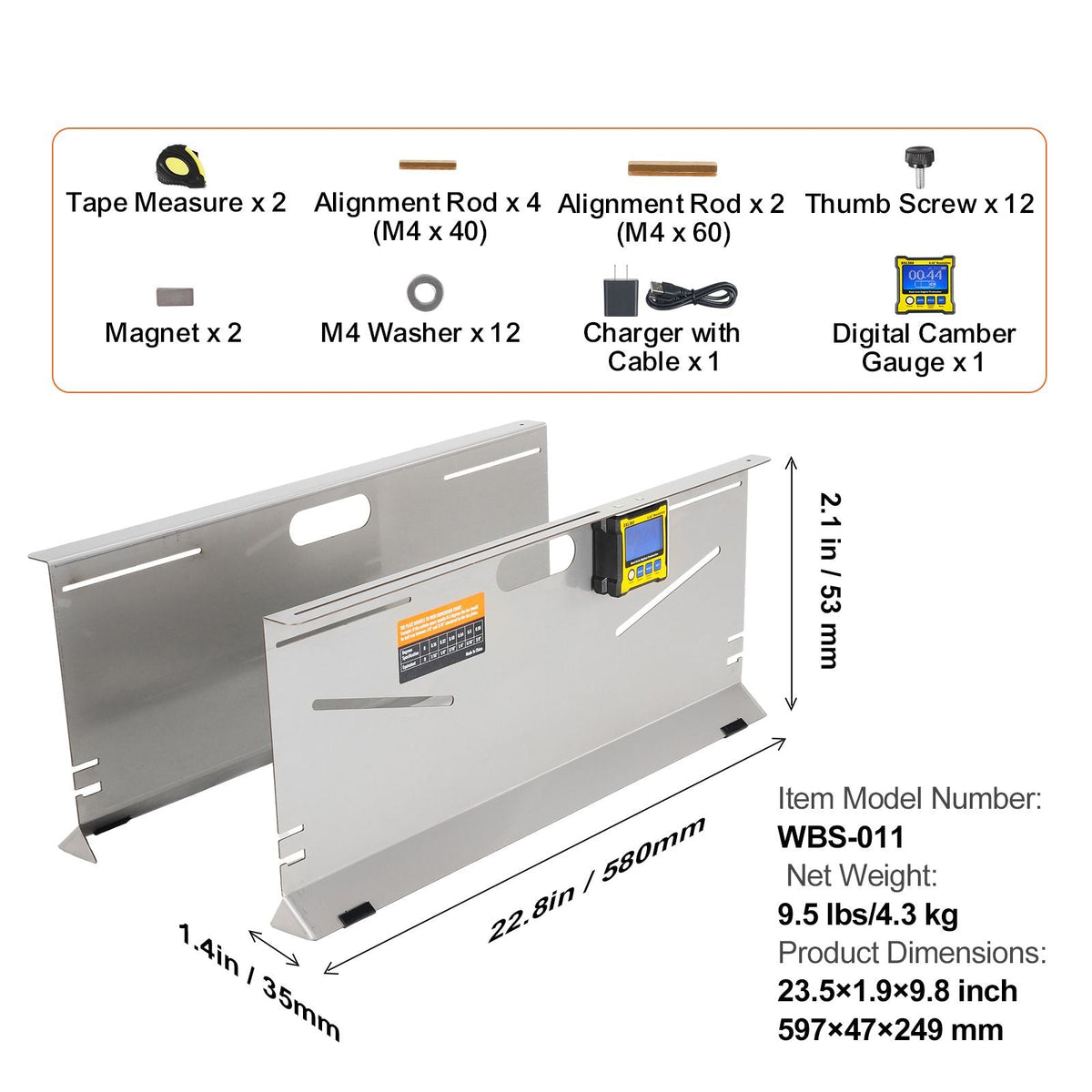Wheel Alignment Tool, 2-Pack Toe Plates, Camber/Caster/Toe Gauge 0.1° Accuracy, Stainless Steel Tool Plate, Magnetic Slots and 6 Alignment Rods, Includes 2 Measuring Tapes & Conversion Chart