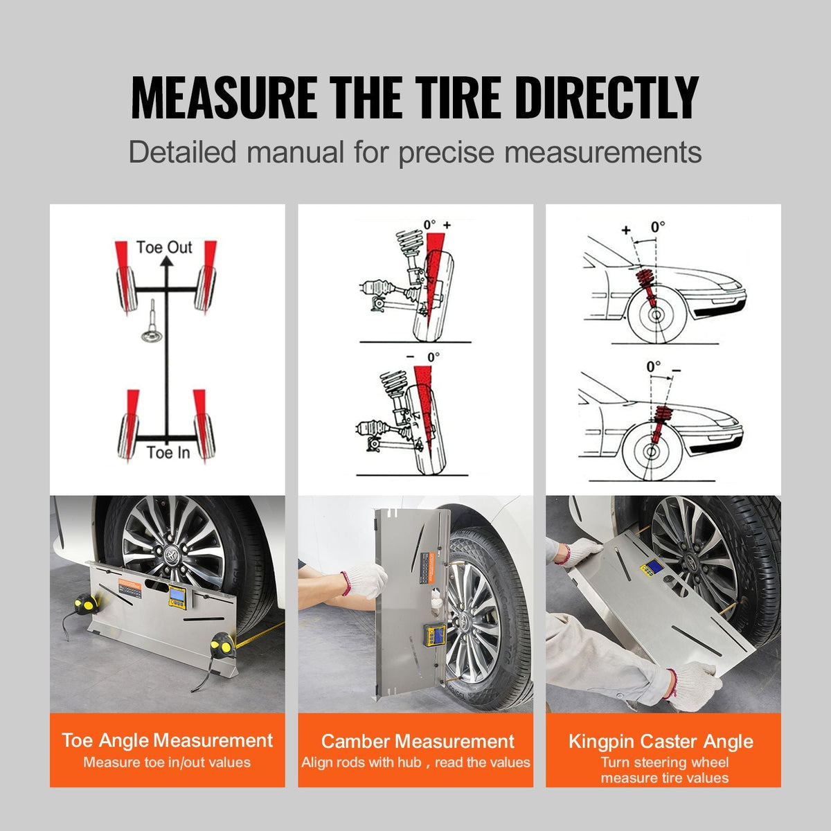 Wheel Alignment Tool, 2-Pack Toe Plates, Camber/Caster/Toe Gauge 0.1° Accuracy, Stainless Steel Tool Plate, Magnetic Slots and 6 Alignment Rods, Includes 2 Measuring Tapes & Conversion Chart
