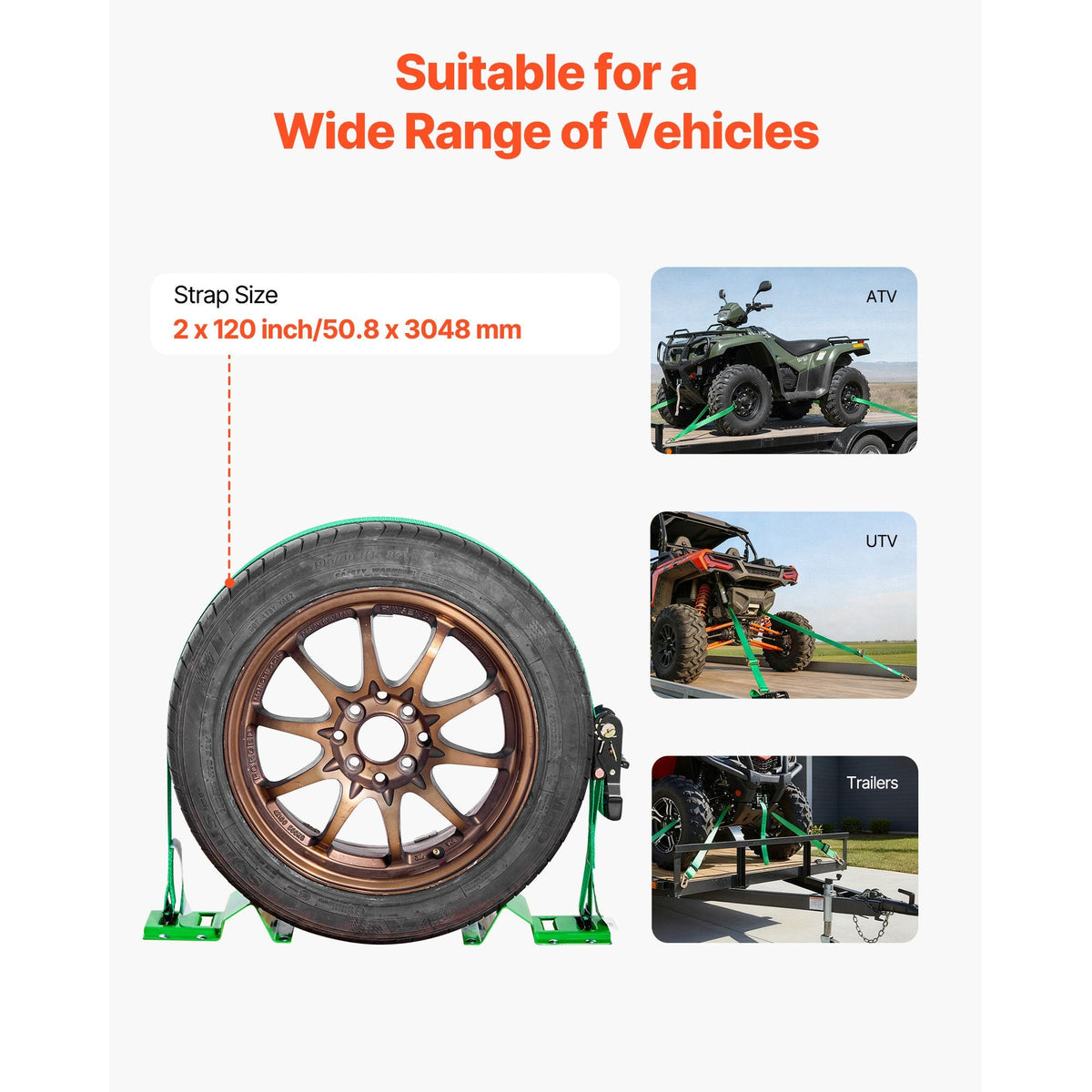 Wheel Chock Tie-Down Kit, Chock-Style Trailer Tie Down Strap, Car Tie Down Kit with Buckle, Break Strength 4380 lbs & Working Load 1460 lbs Motorcycle Tie-Down System E-Hooks for ATVs, UTVs
