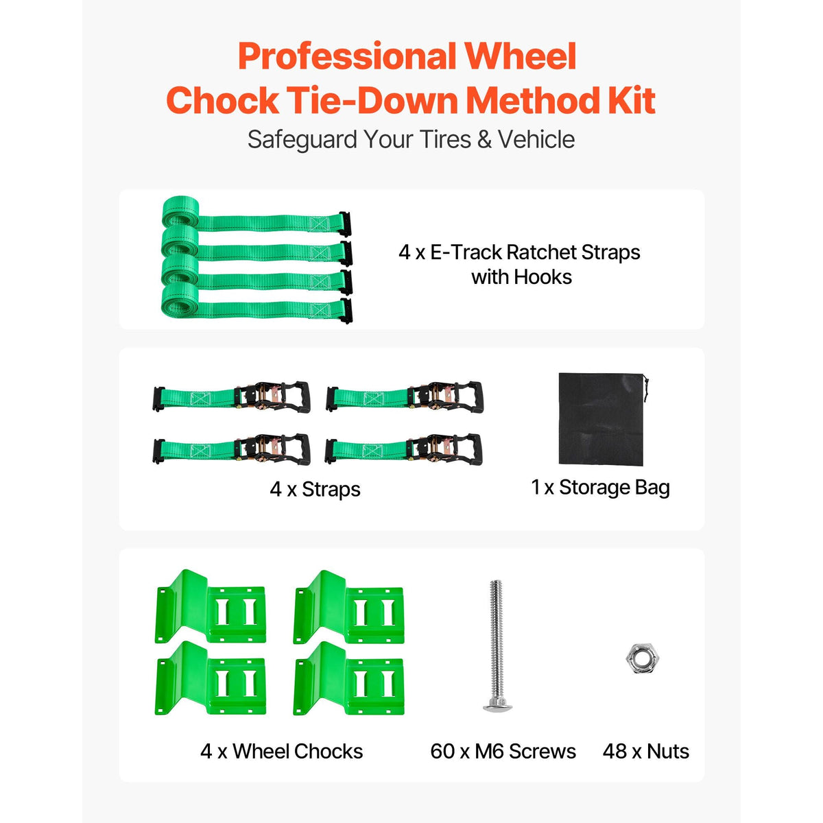 Wheel Chock Tie-Down Kit, Chock-Style Trailer Tie Down Strap, Car Tie Down Kit with Buckle, Break Strength 4380 lbs & Working Load 1460 lbs Motorcycle Tie-Down System E-Hooks for ATVs, UTVs