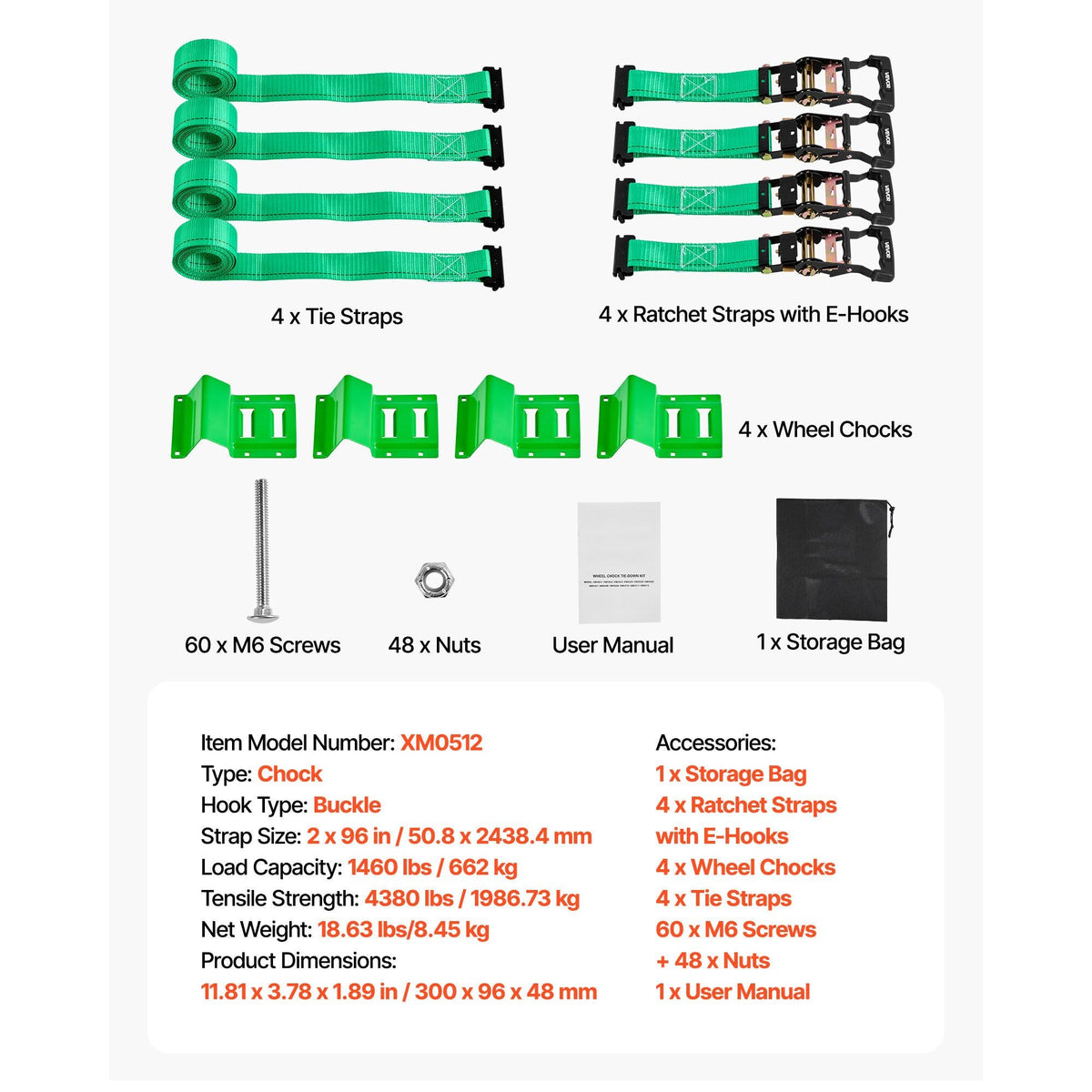 Wheel Chock Tie-Down Kit, Chock-Style Trailer Tie Down Strap, Car Tie Down Kit with Buckle, Break Strength 4380 lbs & Working Load 1460 lbs Motorcycle Tie-Down System E-Hooks for ATVs, UTVs