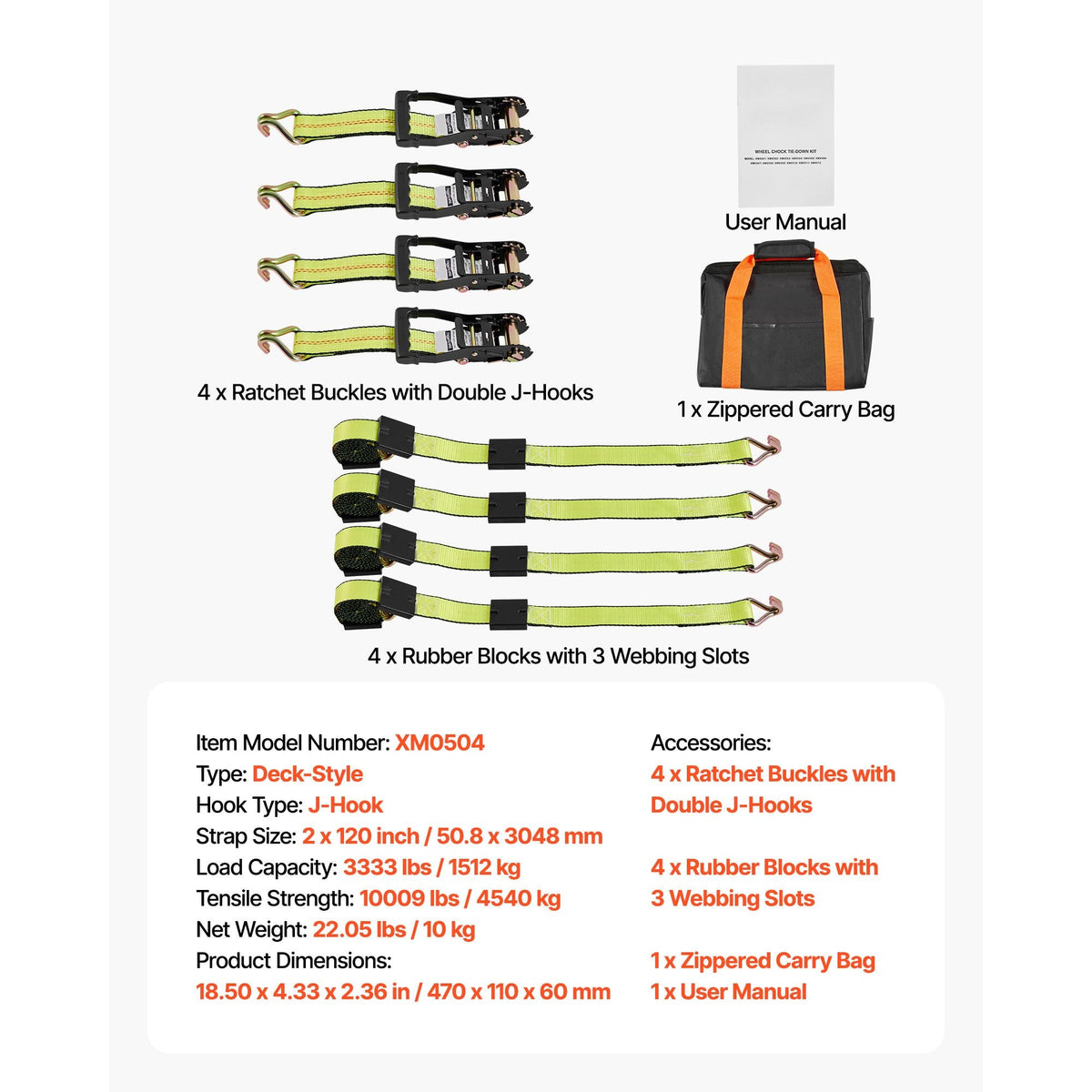 Wheel Chock Tie-Down Kit, Deck-Style Trailer Tie Down Strap, Car Tie Down Kit with J-Hook, Break Strength 10009 lbs & Working Load 3333 lbs Motorcycle Tie-Down System for SUVs, Trailers, Trucks