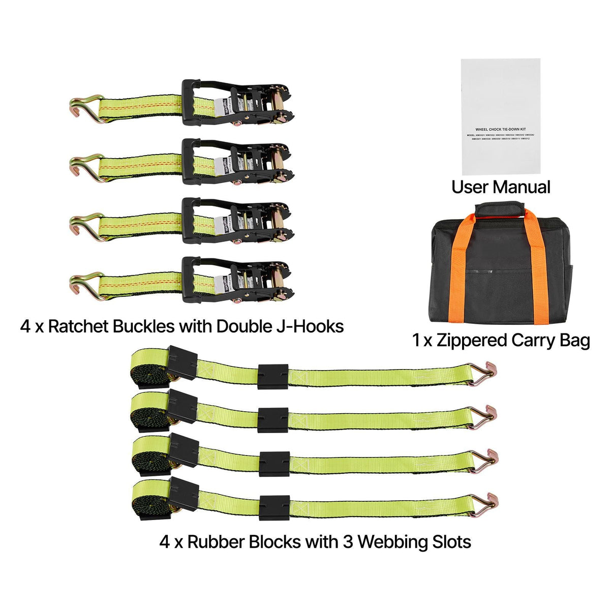 Wheel Chock Tie-Down Kit, Deck-Style Trailer Tie Down Strap, Car Tie Down Kit with J-Hook, Break Strength 10009 lbs & Working Load 3333 lbs Motorcycle Tie-Down System for SUVs, Trailers, Trucks