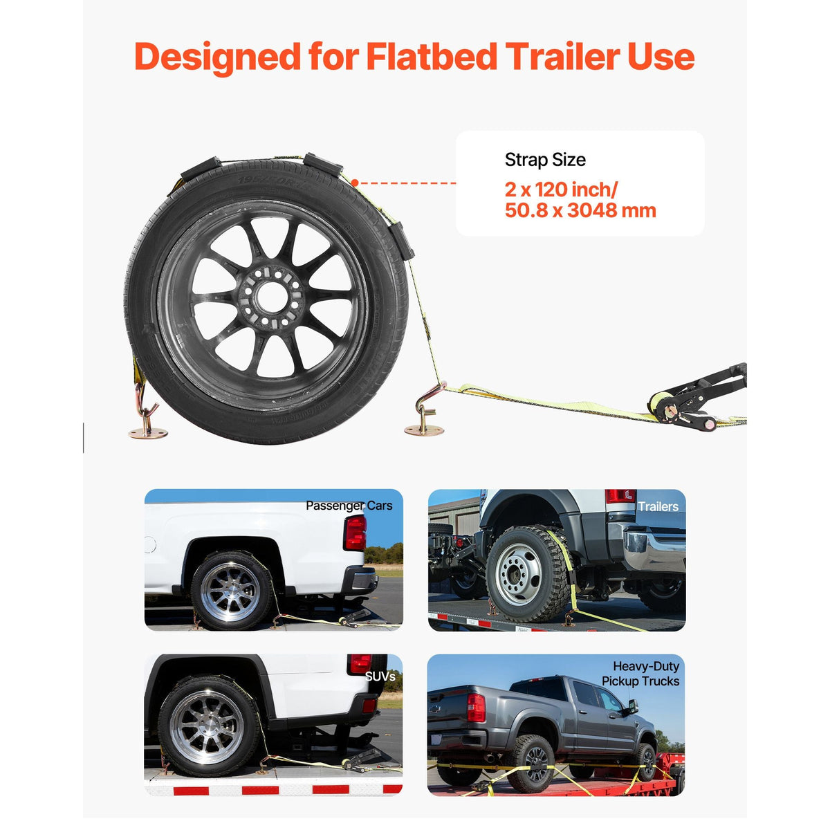 Wheel Chock Tie-Down Kit, Deck-Style Trailer Tie Down Strap, Car Tie Down Kit with J-Hook, Break Strength 10009 lbs & Working Load 3333 lbs Motorcycle Tie-Down System for SUVs, Trailers, Trucks