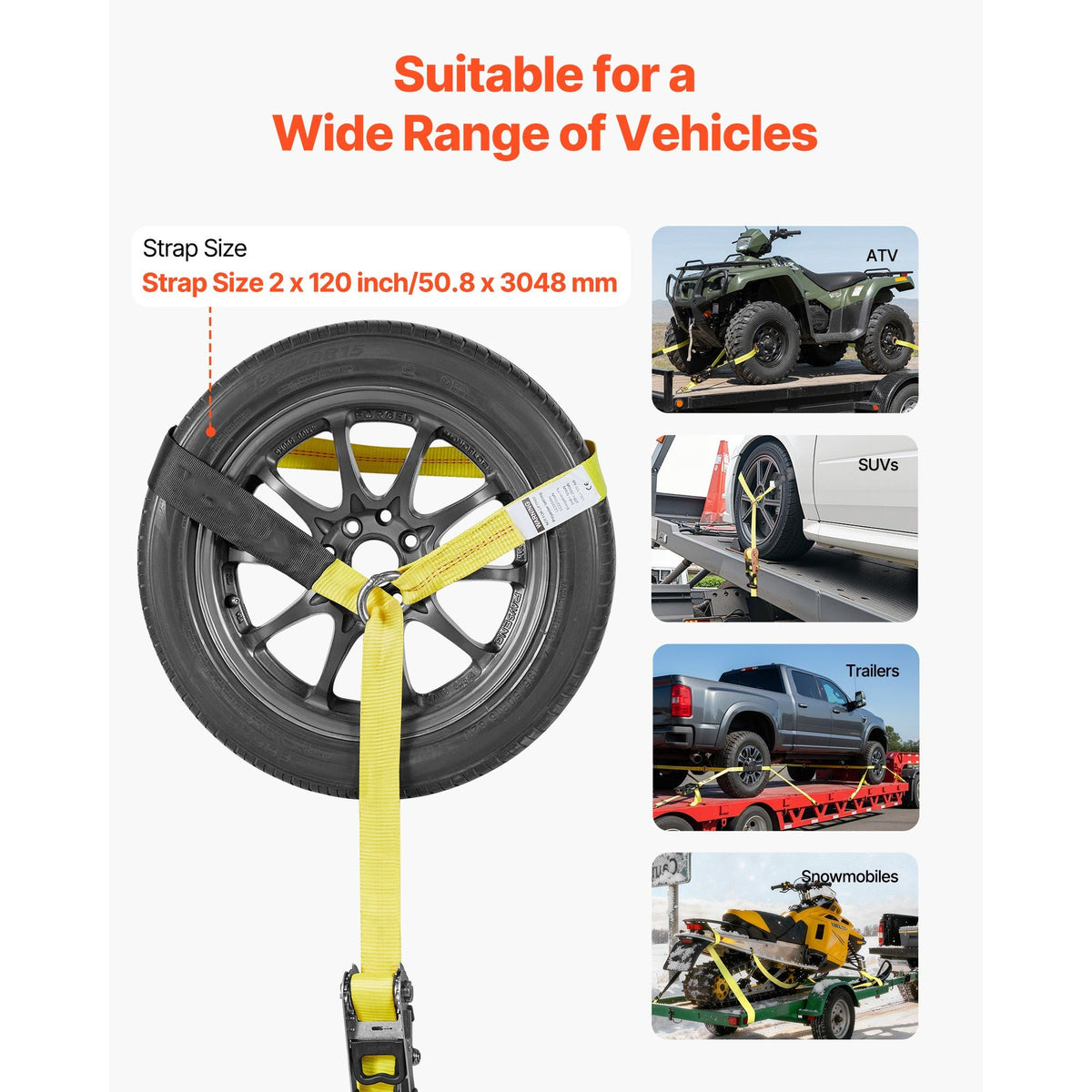 Wheel Chock Tie-Down Kit, Tire-Style Tow Dolly Strap, Car Tie Down Kit with Heavy-Duty Hook, Break Strength 10009 lbs & Working Load 3333 lbs Motorcycle Tie-Down System for ATV, SUV, Snowmobiles