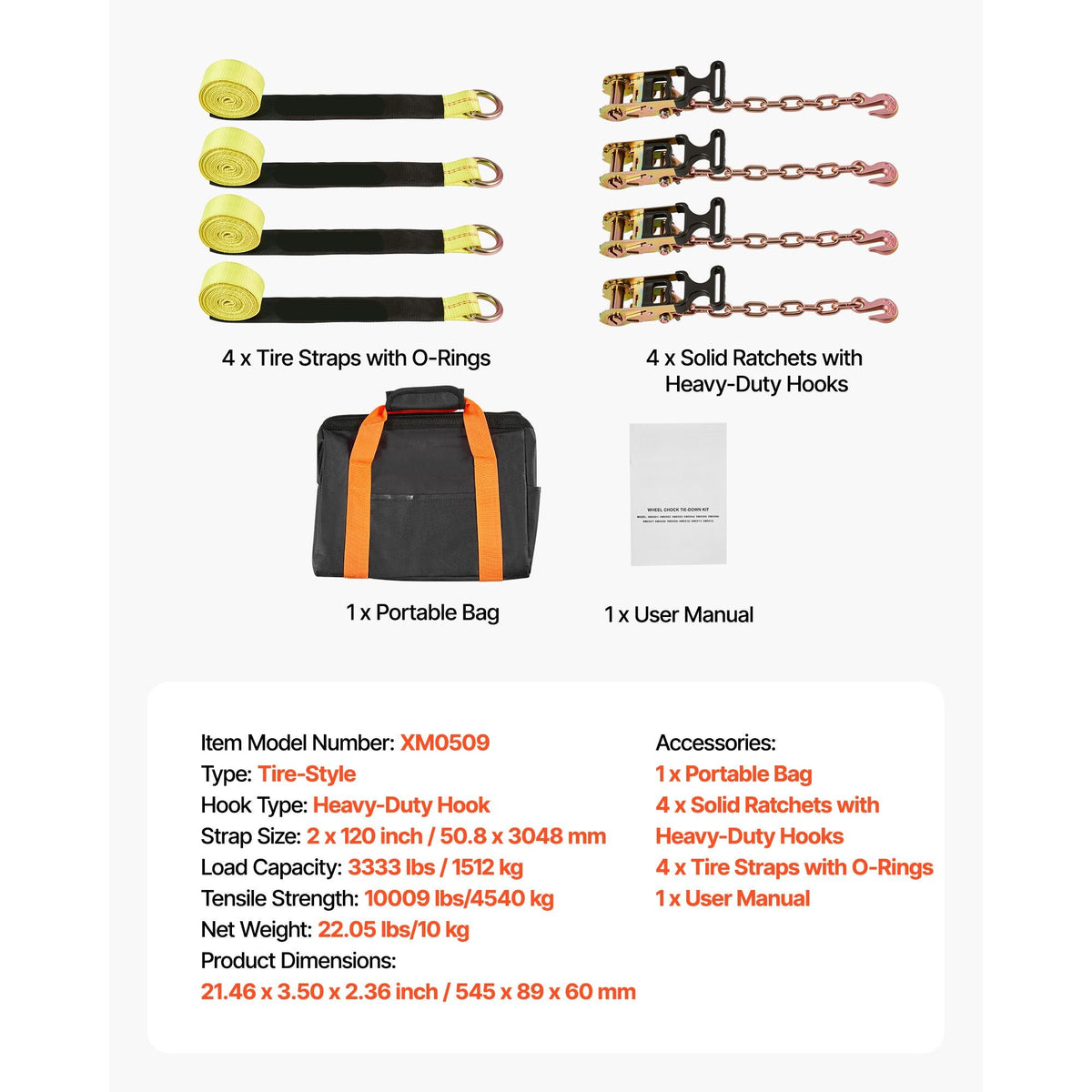 Wheel Chock Tie-Down Kit, Tire-Style Tow Dolly Strap, Car Tie Down Kit with Heavy-Duty Hook, Break Strength 10009 lbs & Working Load 3333 lbs Motorcycle Tie-Down System for ATV, SUV, Snowmobiles