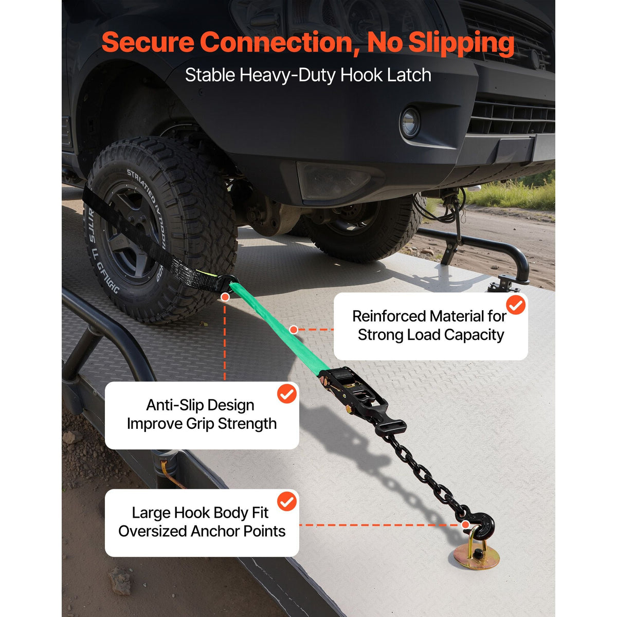 Wheel Chock Tie-Down Kit, Tire-Style Tow Dolly Strap, Car Tie Down Kit with Heavy-Duty Hook, Break Strength 10009 lbs & Working Load 3333 lbs Motorcycle Tie-Down System for ATV, SUV, Trailer